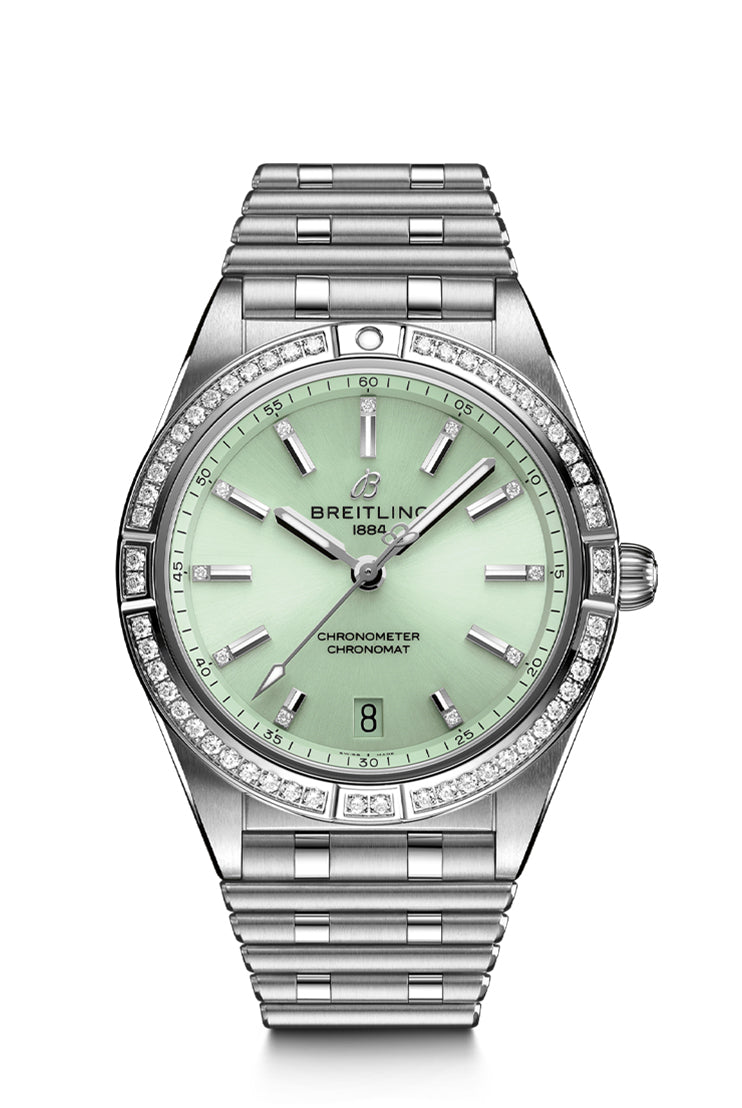 Breitling Chronomat 36 in Steel With Green Dial and Diamond Bezel