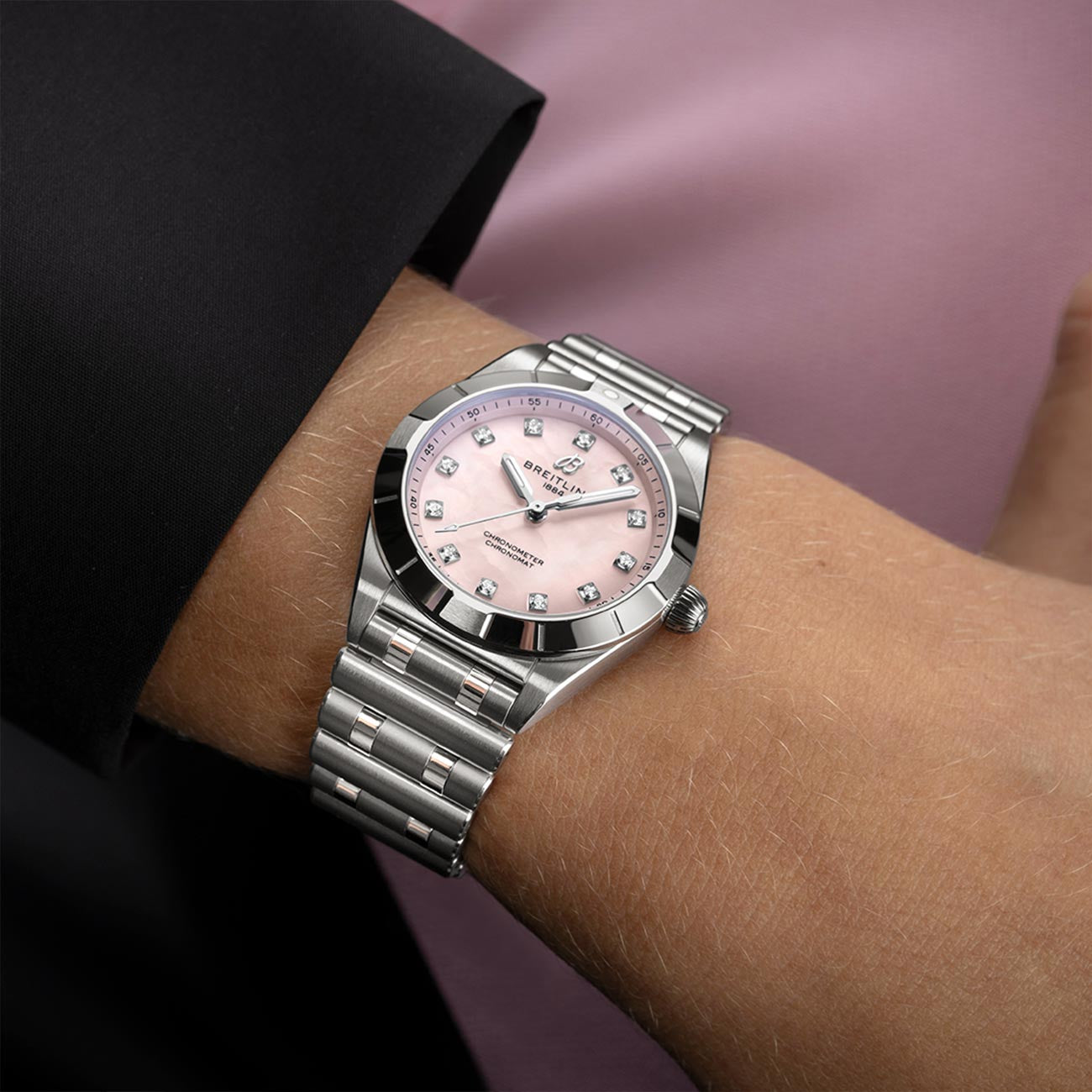 Breitling Chronomat 28 Pink Mother-of-Pearl Dial with Stainless Steel Rouleux Bracelet