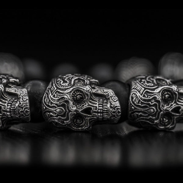 William Henry Shaman Onyx & Silver Skull Bracelet