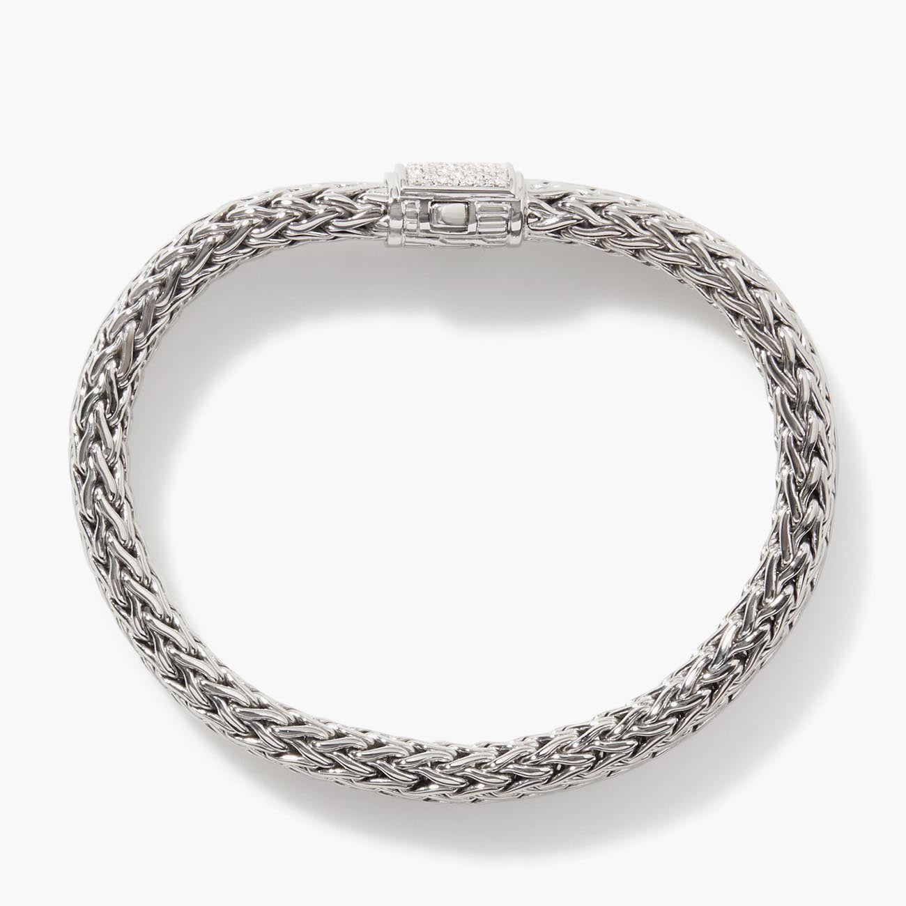John Hardy Classic Chain 7mm Silver Bracelet with Pave Diamond Clasp .30ctw