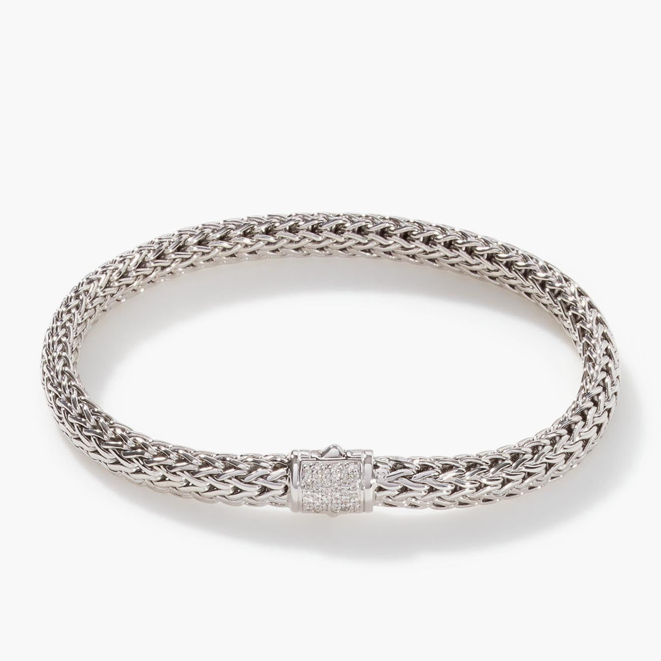 John Hardy Icon 6.50mm Silver Bracelet with Pave Diamond Clasp .17ctw