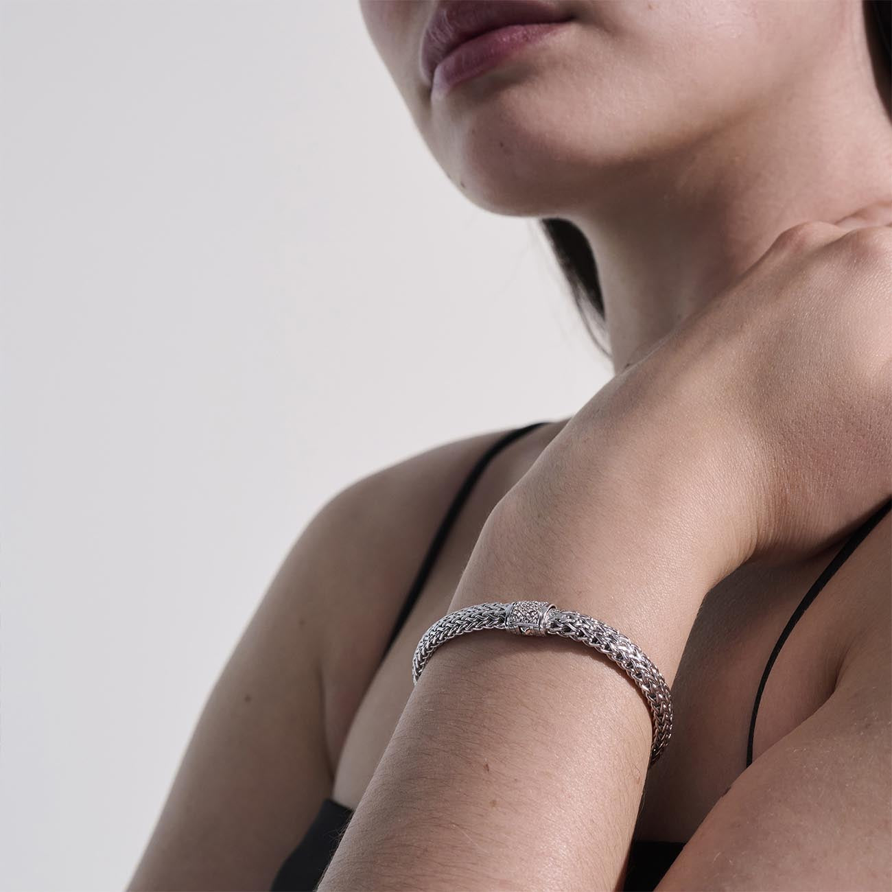 John Hardy Icon 6.50mm Silver Bracelet with Pave Diamond Clasp .17ctw