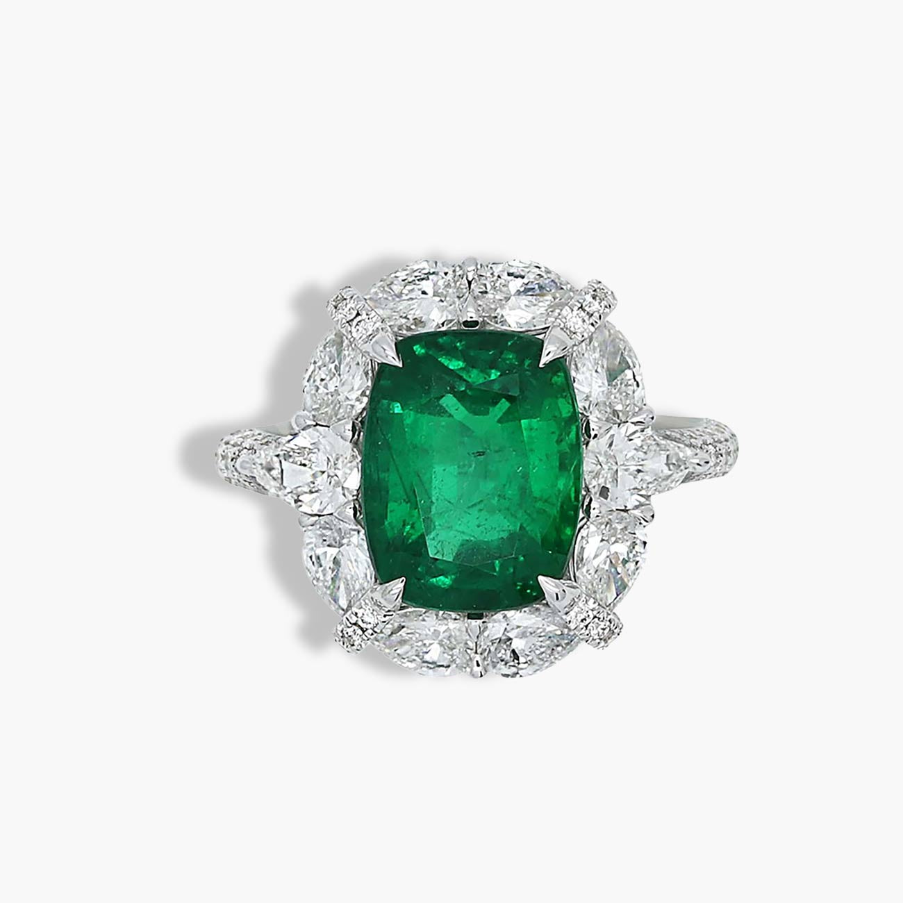 Private Label Emerald Large Cushion and Diamond Halo Ring in 18K White Gold