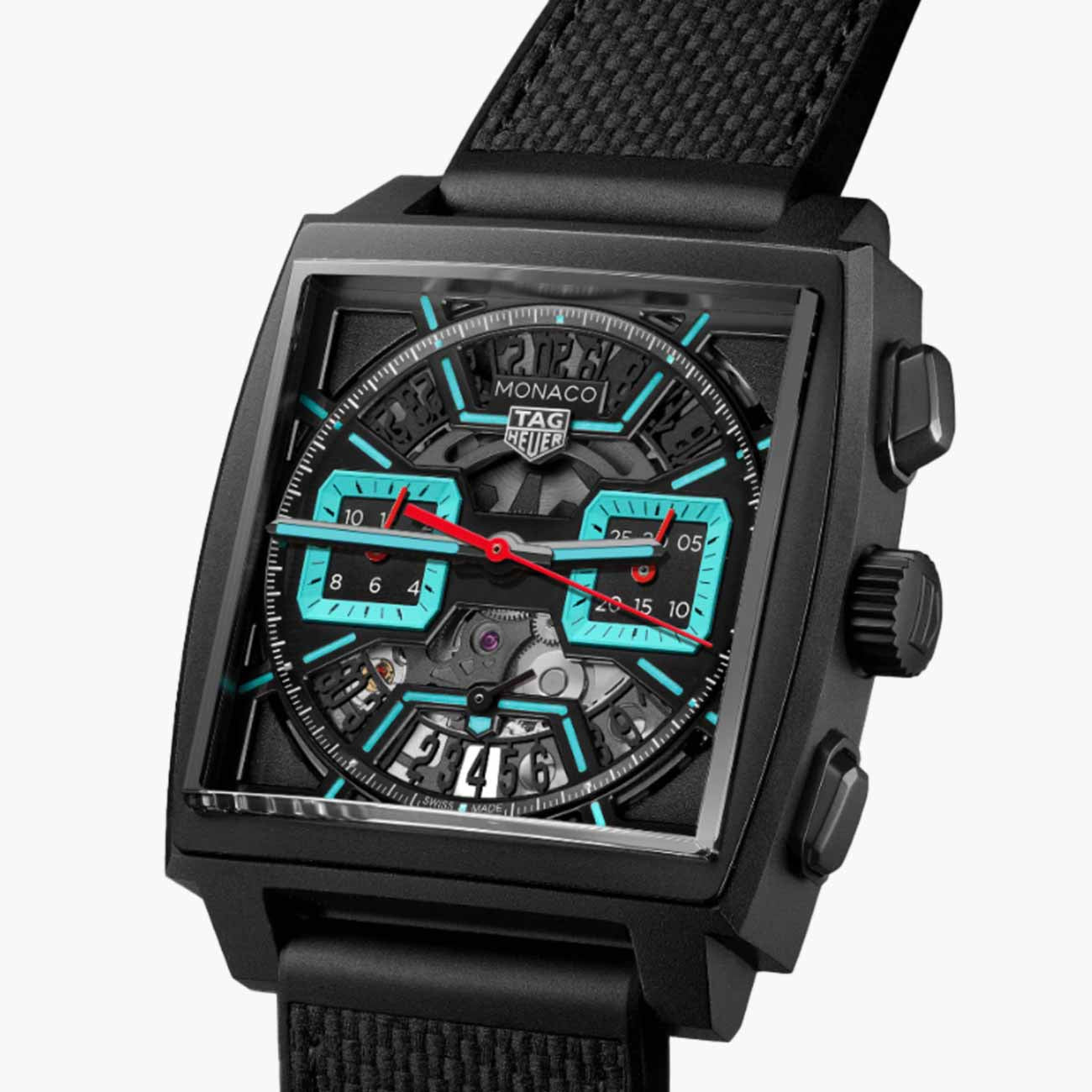TAG Heuer Monaco Chronograph Heuer 02 Black and Turquoise Dial Rubber Strap - 39mm