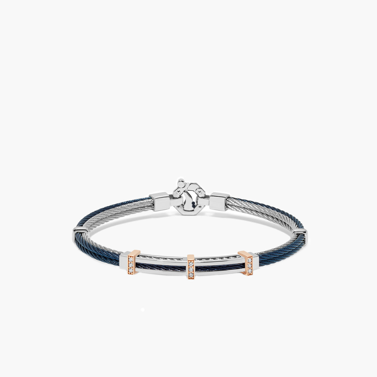Barakà 316L Four-Wire Stainless Steel Diamond Blue Bracelet with Sterling Silver and 18K Rose Gold