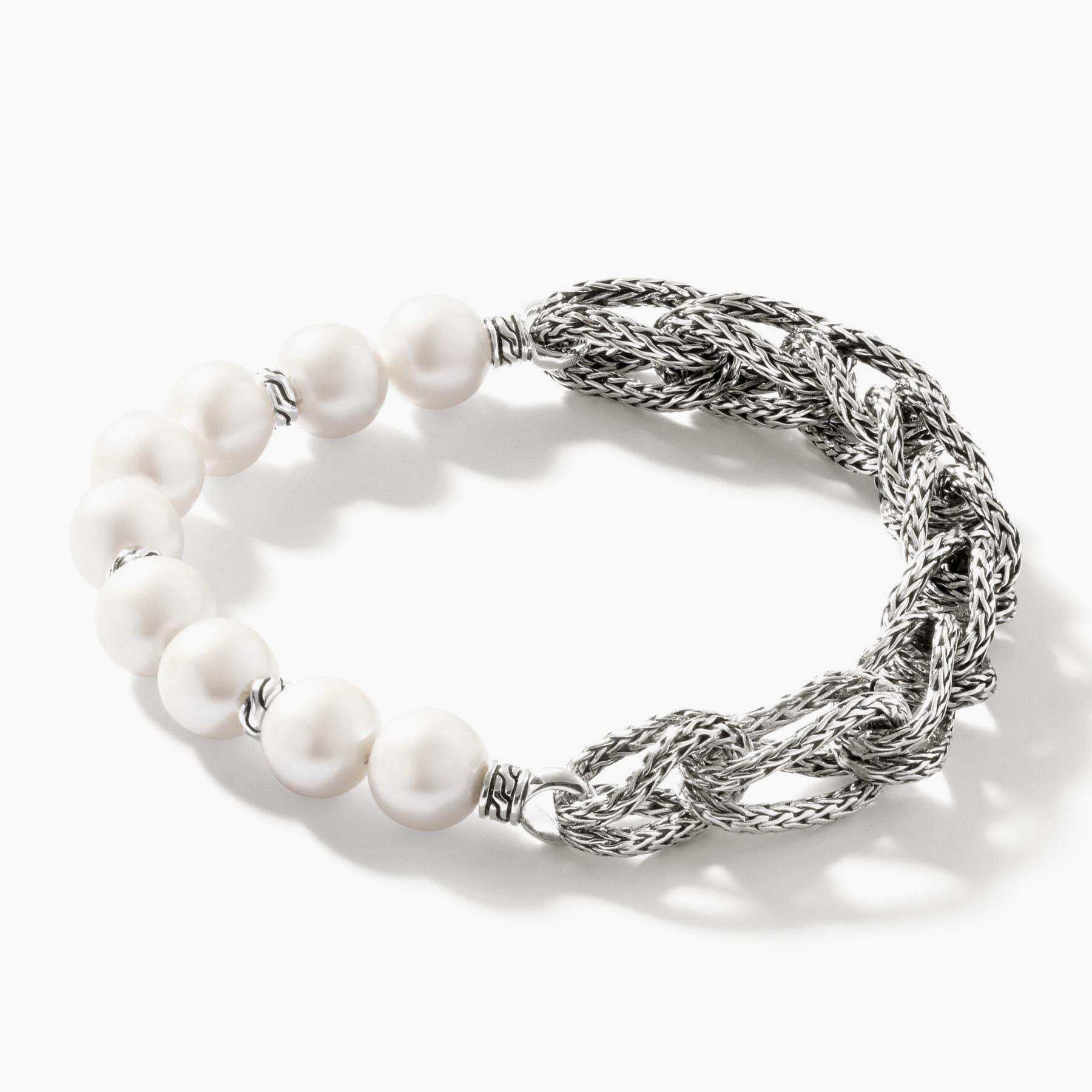 John Hardy Silver and Pearls Chain Link Bracelet
