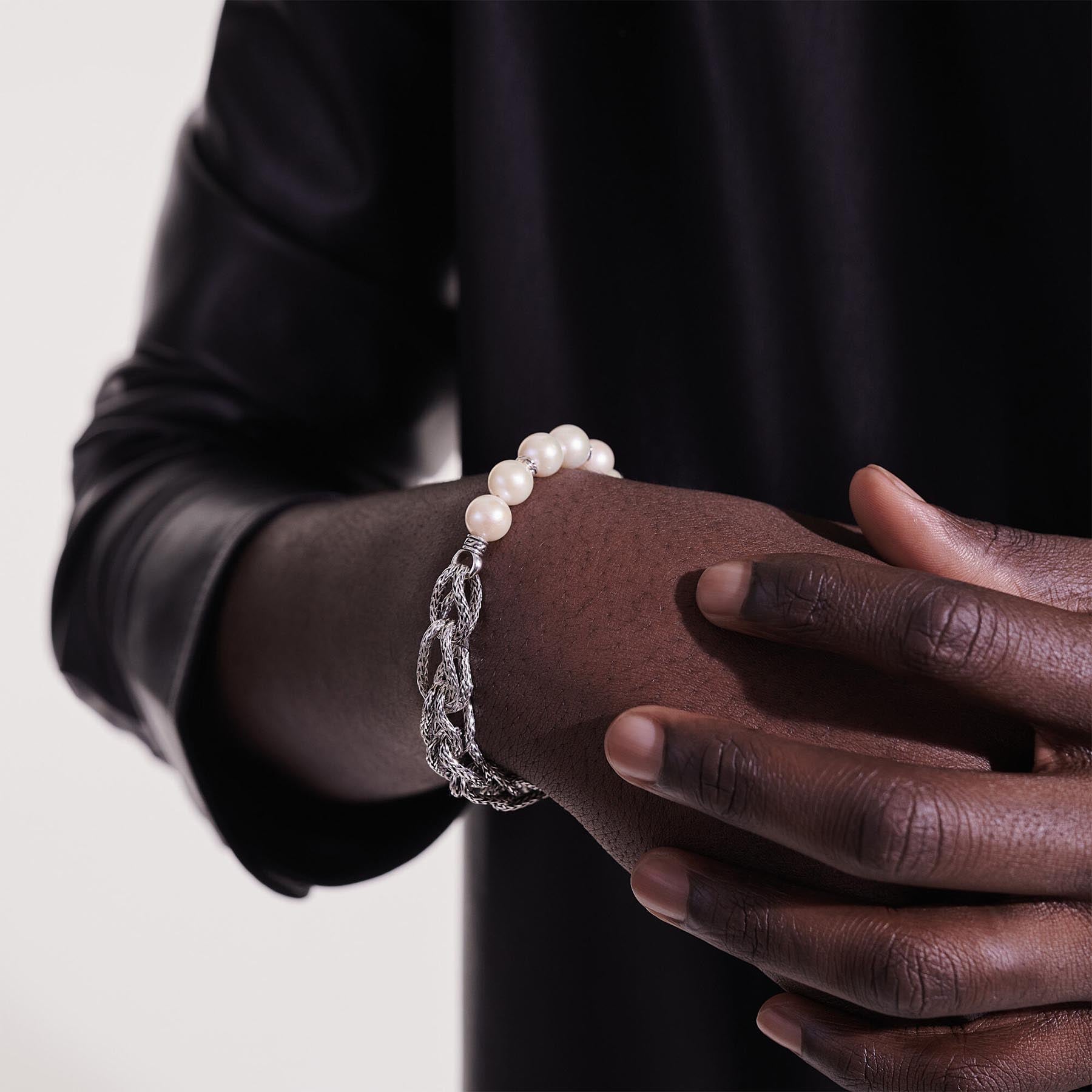 John Hardy Silver and Pearls Chain Link Bracelet