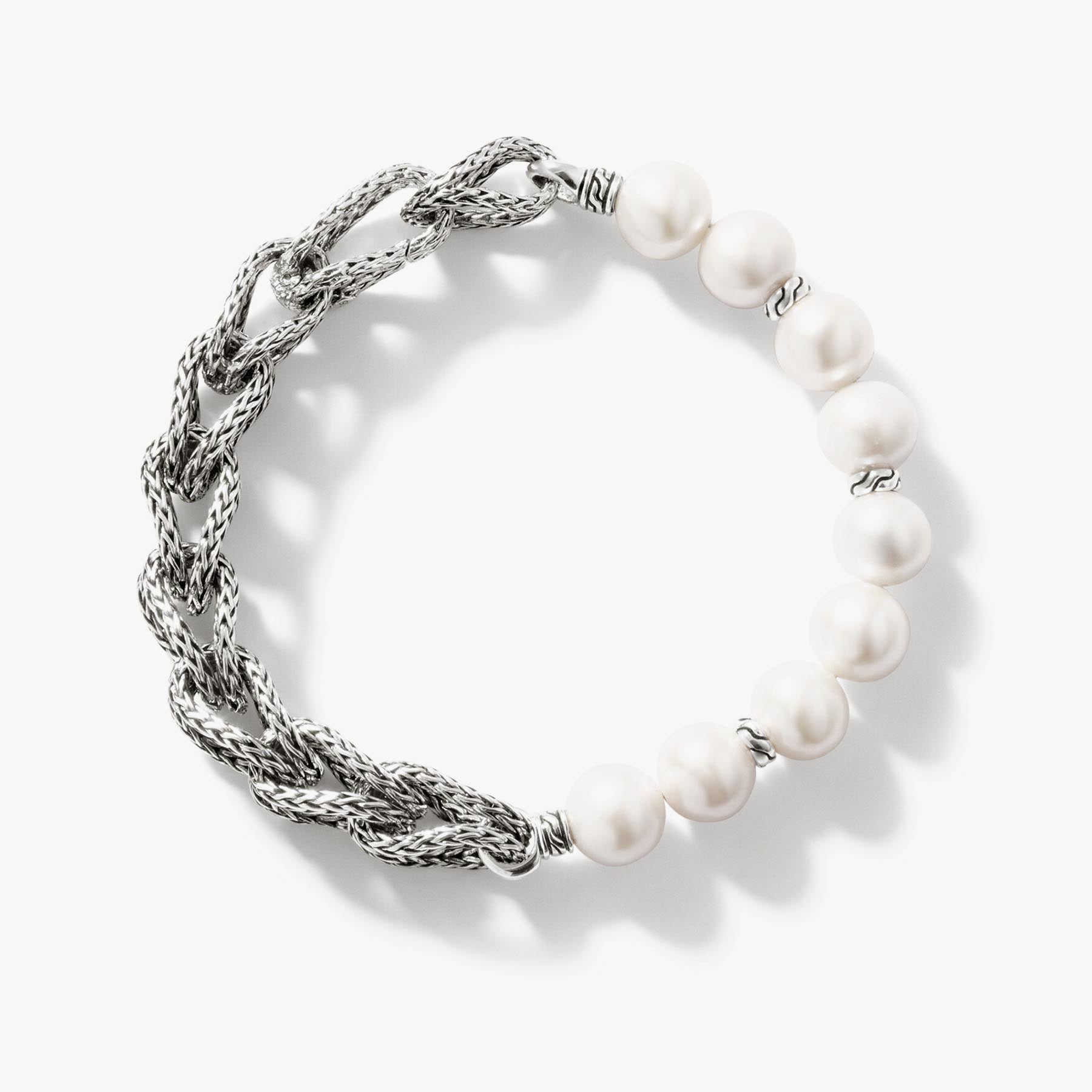 John Hardy Silver and Pearls Chain Link Bracelet