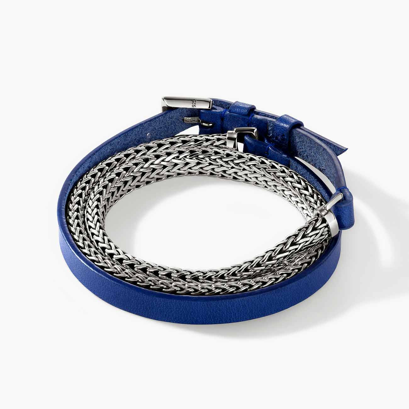 John Hardy Triple Wrap Silver Bracelet with Dark Blue Leather