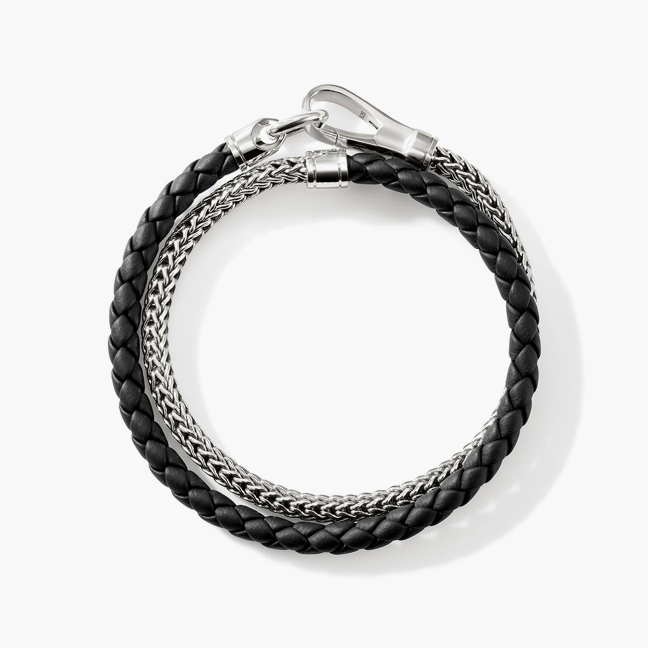 John Hardy Double Wrap Sterling Silver and Black Leather Bracelet
