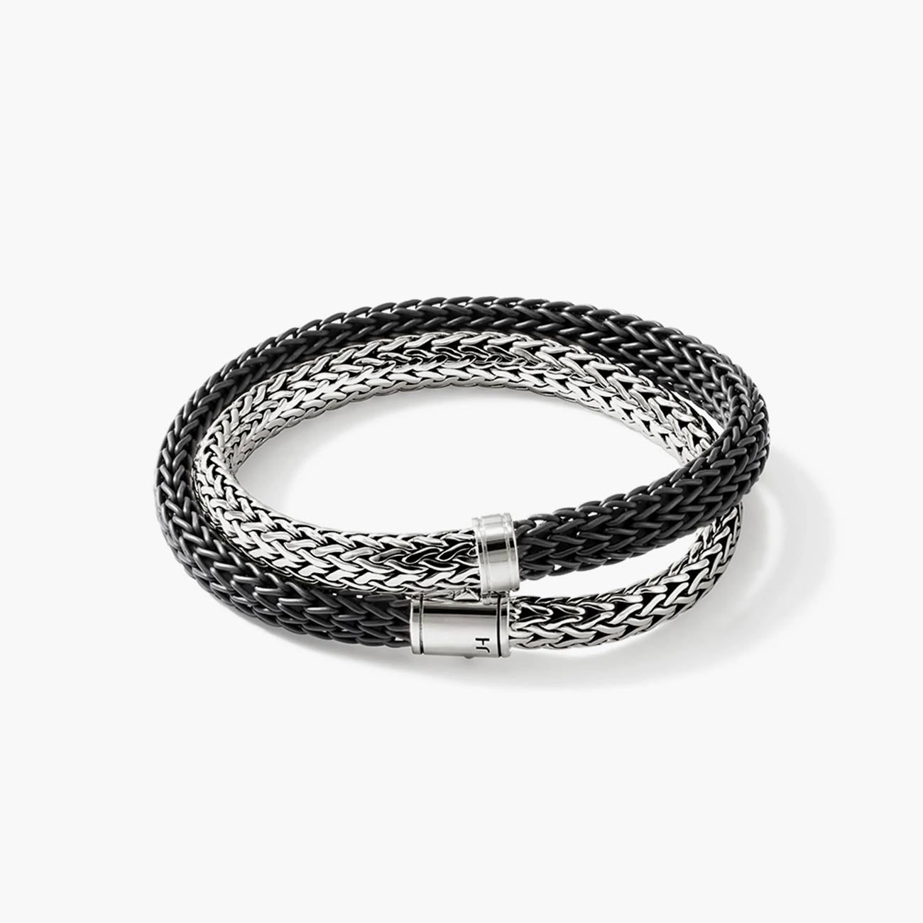 John Hardy Icon Silver and Black Rubber Cord Double Wrap Bracelet - 8mm