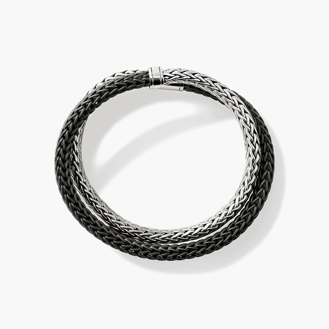 John Hardy Icon Silver and Black Rubber Cord Double Wrap Bracelet - 8mm