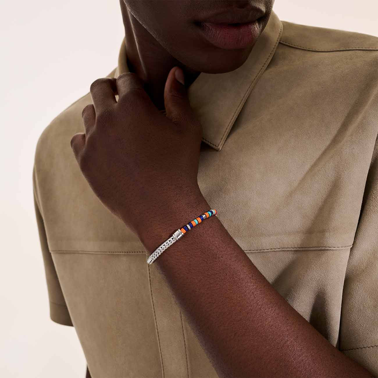 John Hardy Heishi Silver Multi Stones Chain Bracelet