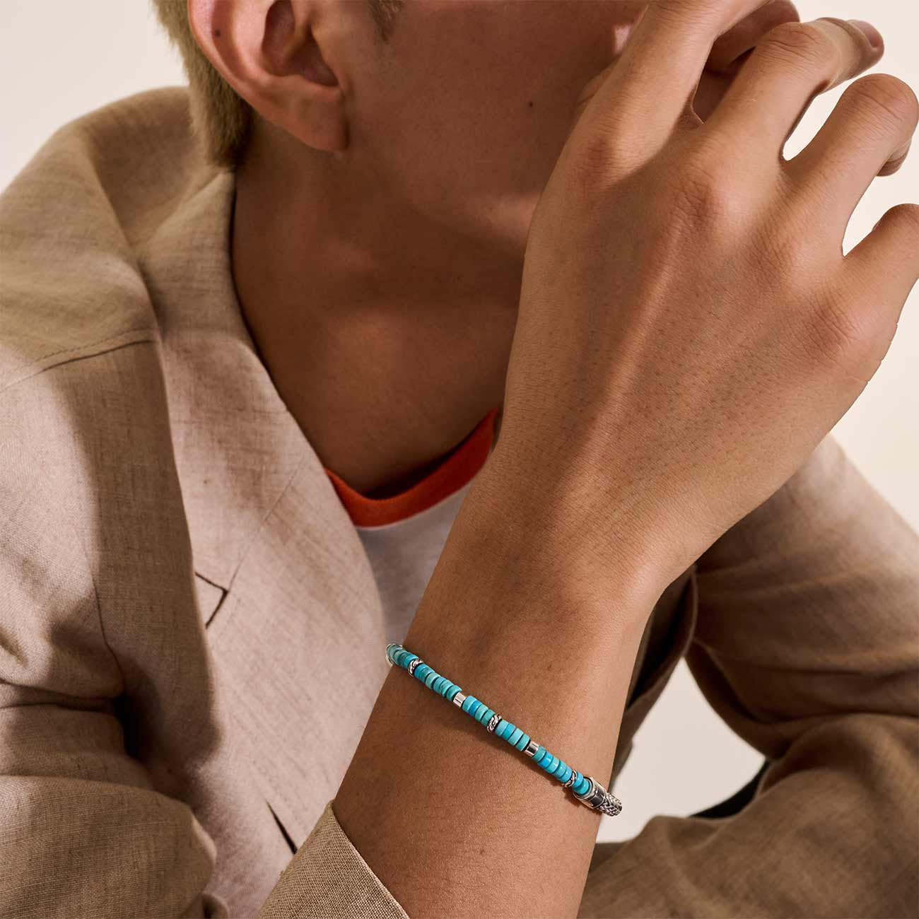 John Hardy Heishi Silver Chain Bracelet with Turquoise