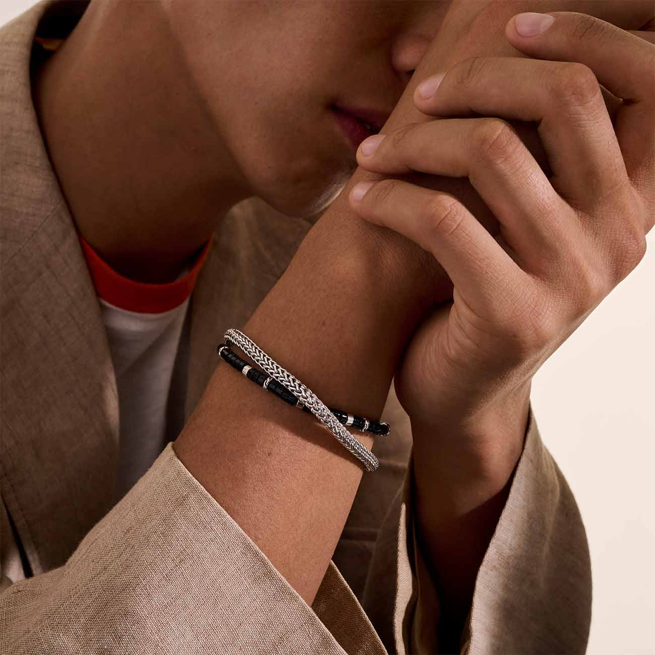 John Hardy Heishi Double Wrap Sterling Silver Bracelet with Black Onyx