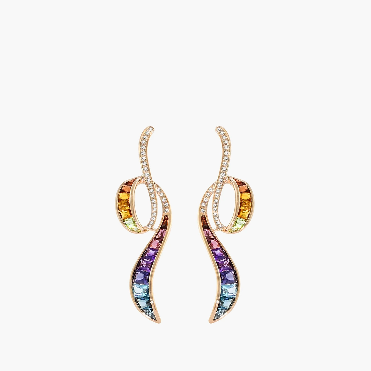 Capri multi-gemstone earrings in 14K rose gold with diamonds, amethyst, blue topaz, citrine, iolite, peridot & rhodolite, front view