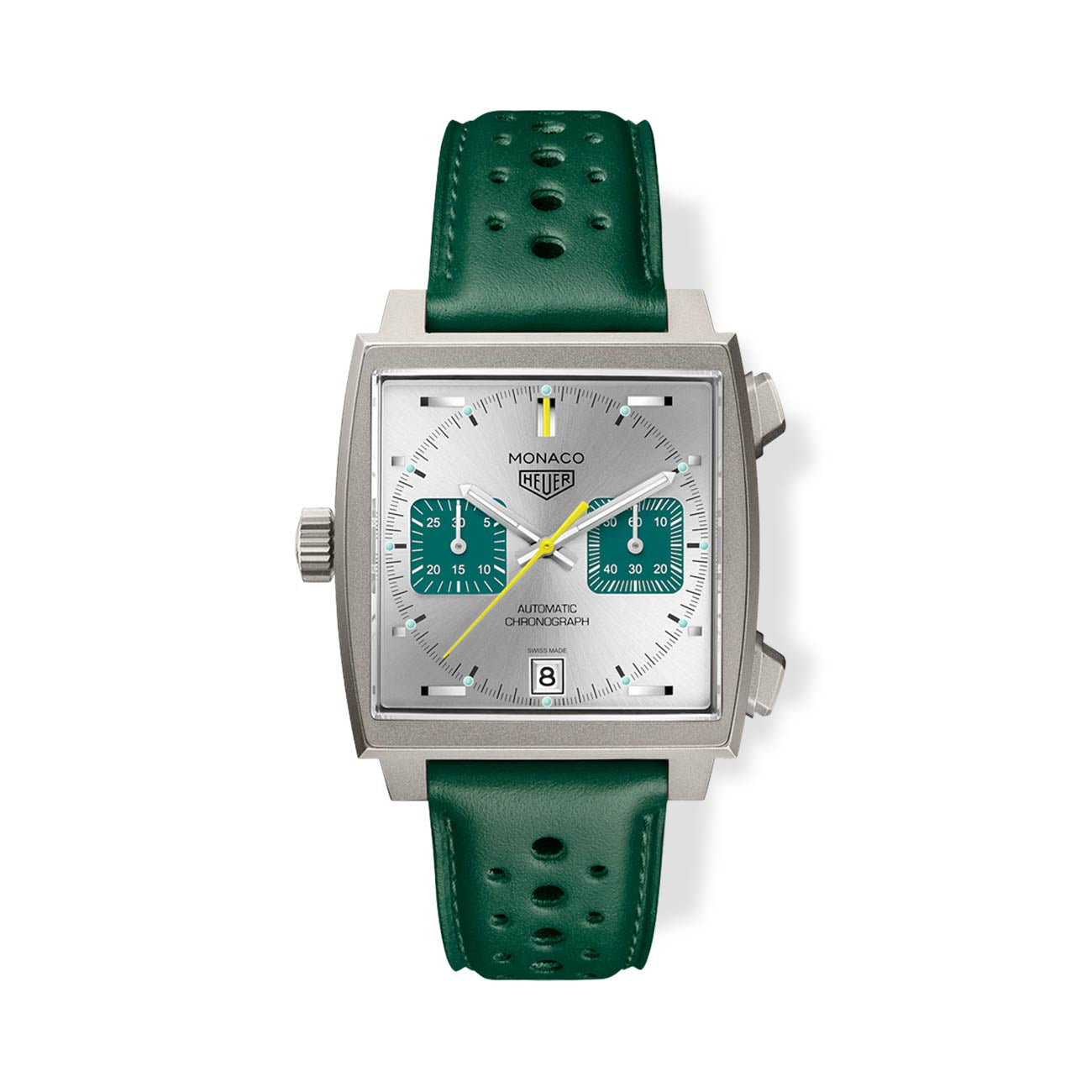 TAG Heuer Monaco Chronograph Silver and Green Dial Leather Strap - 39mm