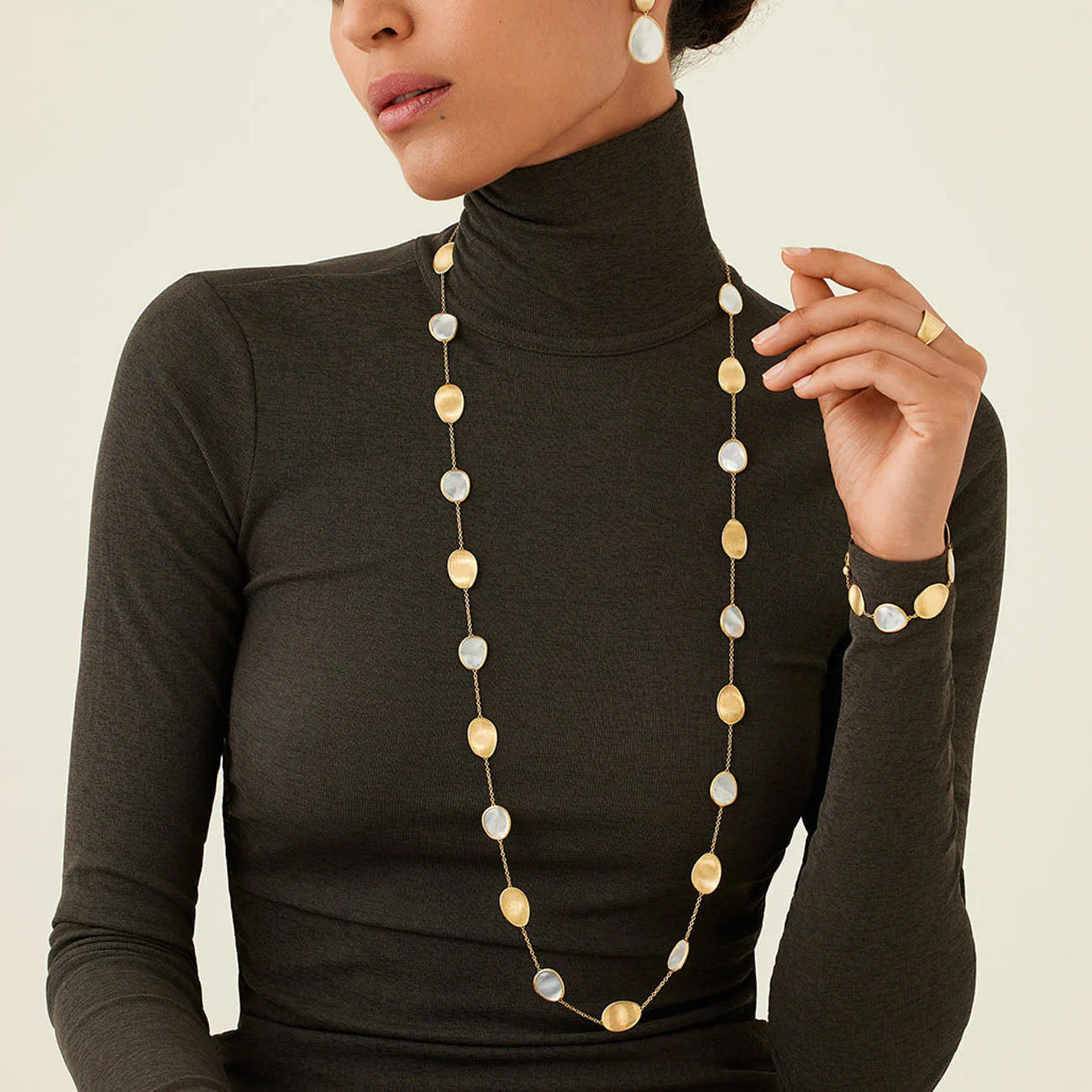 Marco Bicego Lunaria Long Yellow Gold & Mother of Pearl Station Necklace