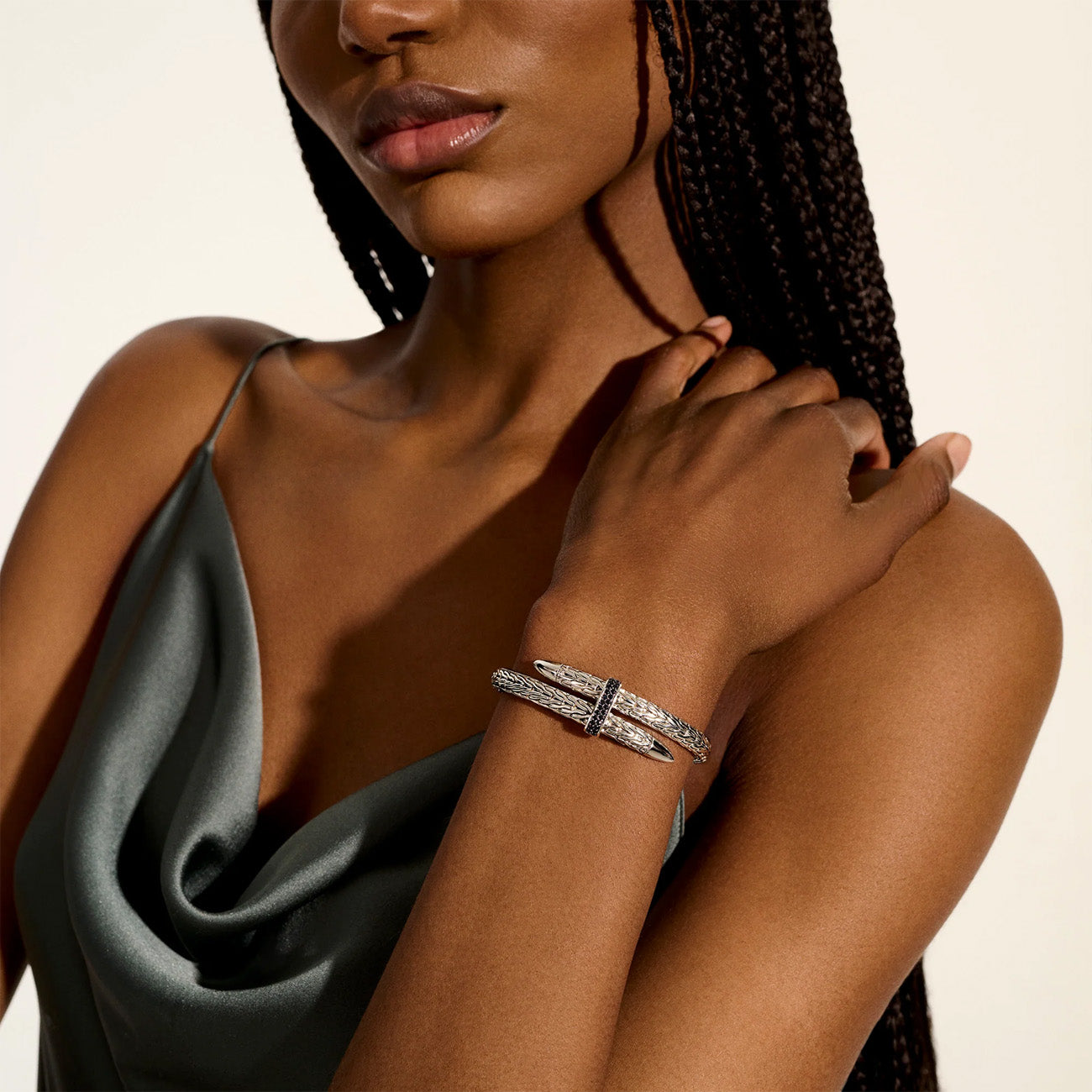 John Hardy Spear Silver Bypass Flex Cuff with Black Sapphires