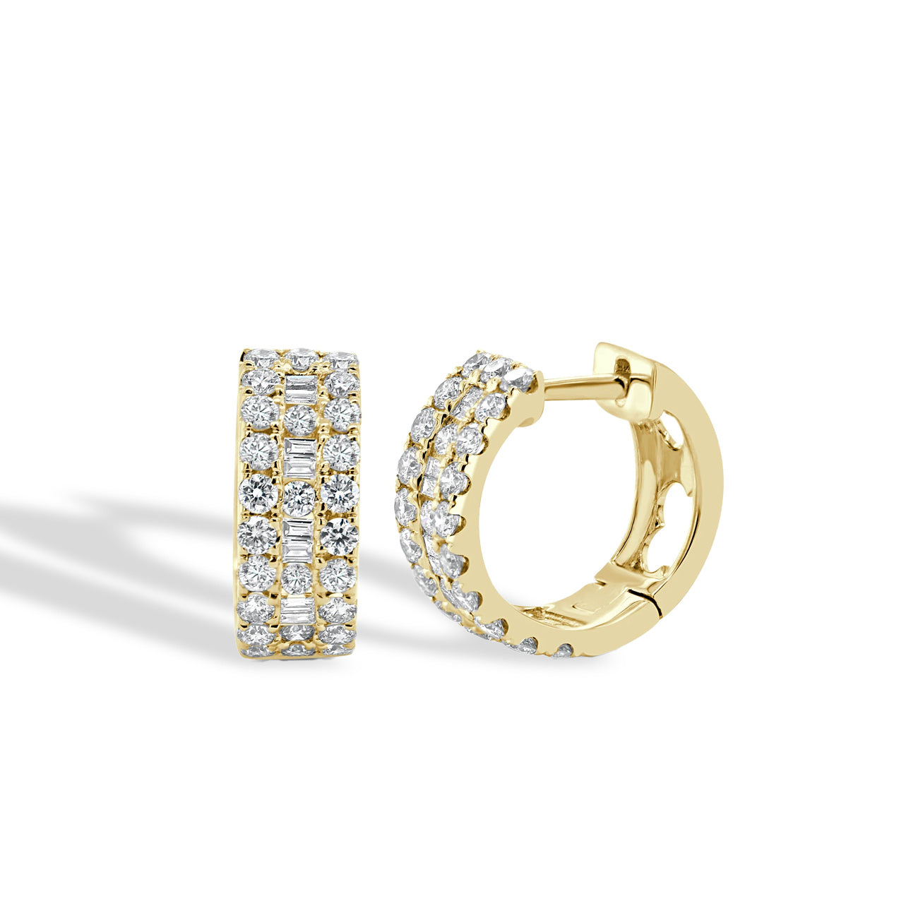 Round and Baguette Diamond Hoop Earrings in 14K Yellow Gold