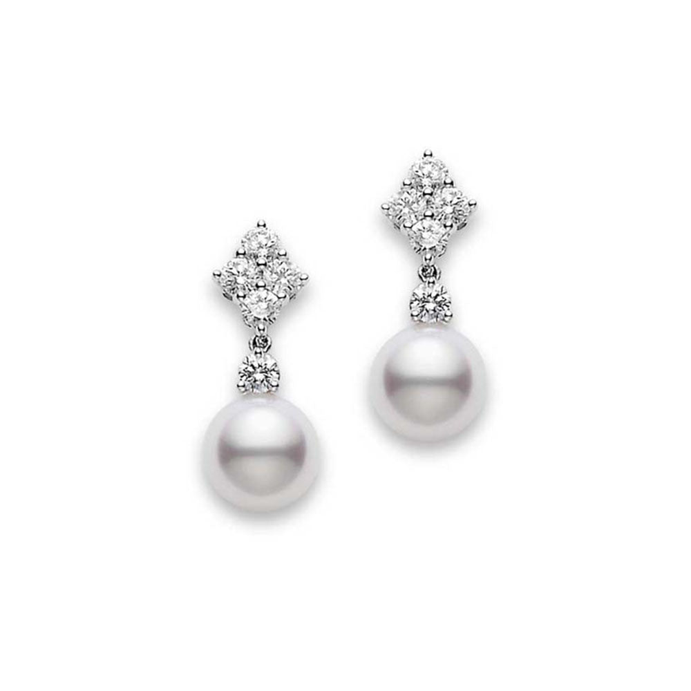 Mikimoto White Gold Pearl and Diamond Cluster Earrings 7.5mm