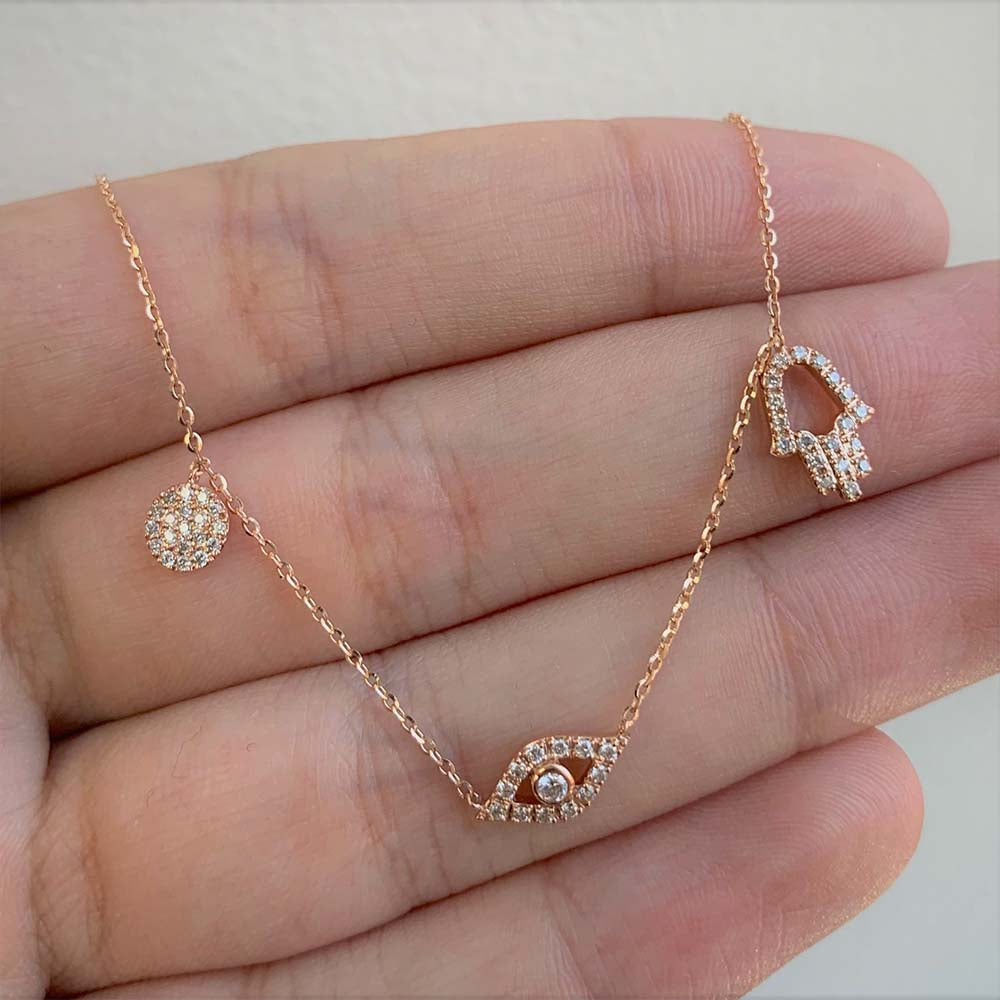 Diamond Evil Eye Hand and Circle Necklace