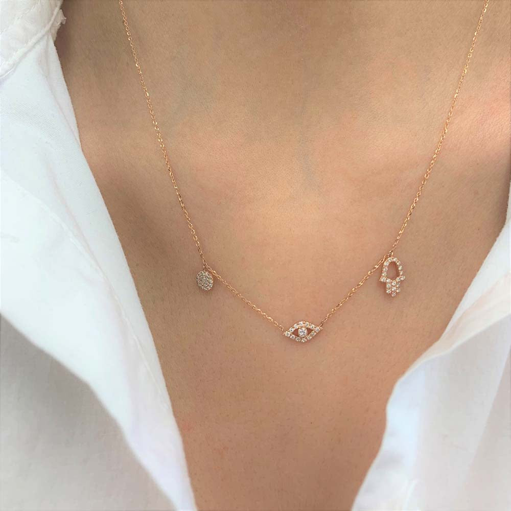 Diamond Evil Eye Hand and Circle Necklace