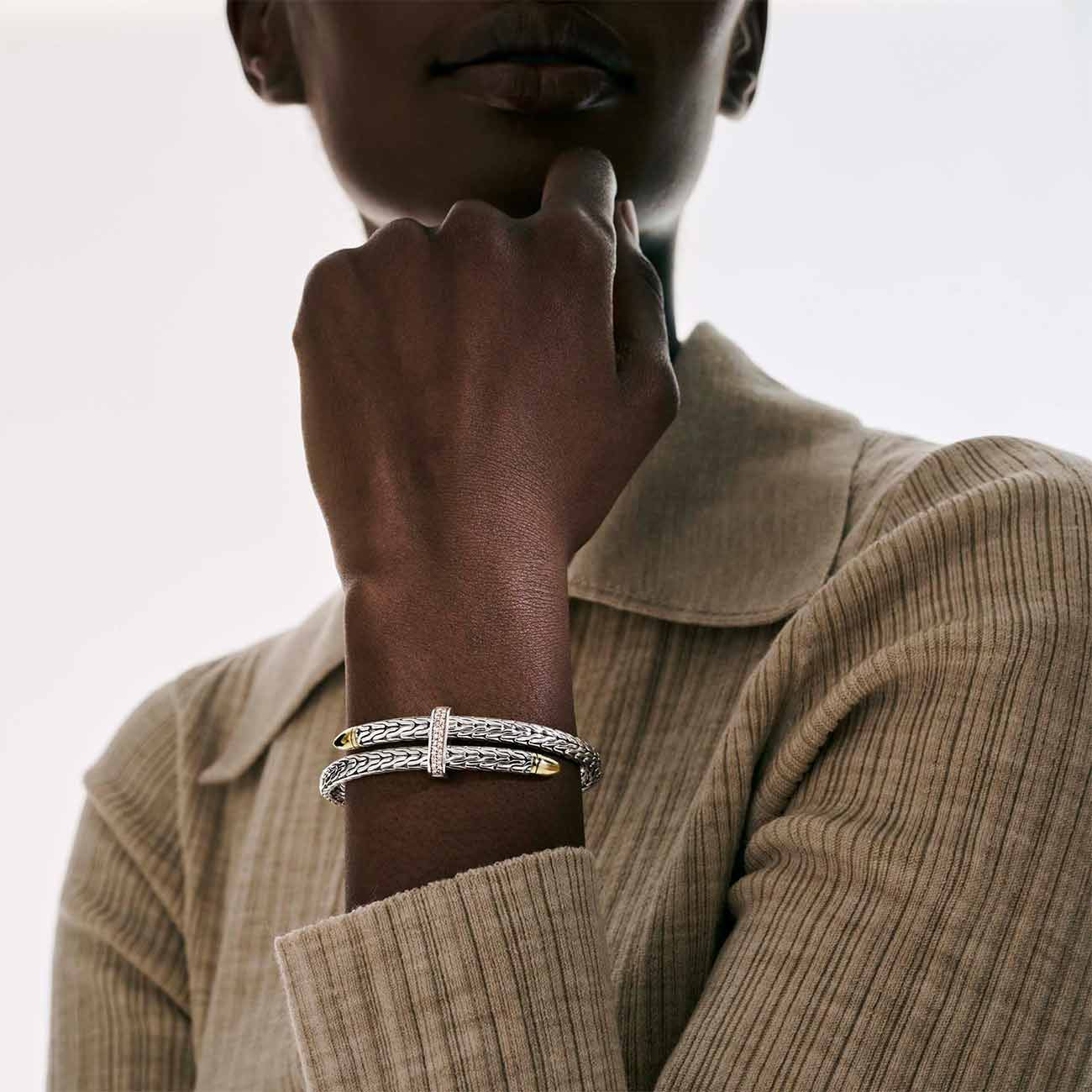 John Hardy Spear Pavé Diamond Two-Tone Flex Cuff