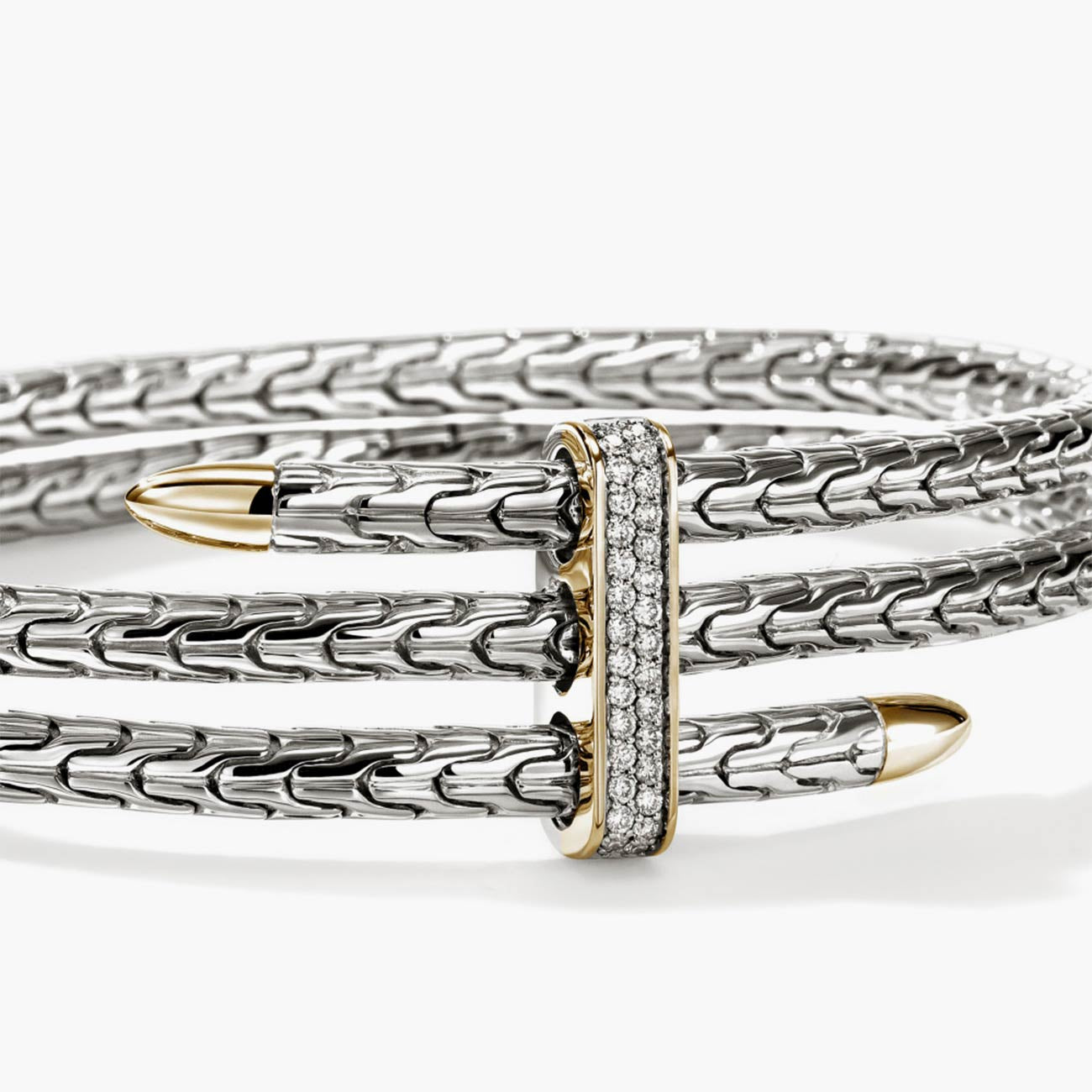 John Hardy Spear Two-Tone Diamond Pave Slim Triple Flex Cuff