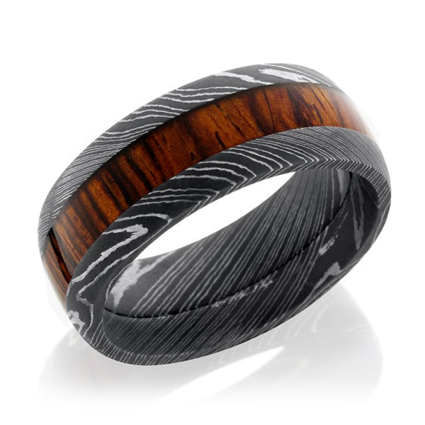 Lashbrook Damascus Steel 9mm Domed Mexican Cocobollo Wood Inlay Band