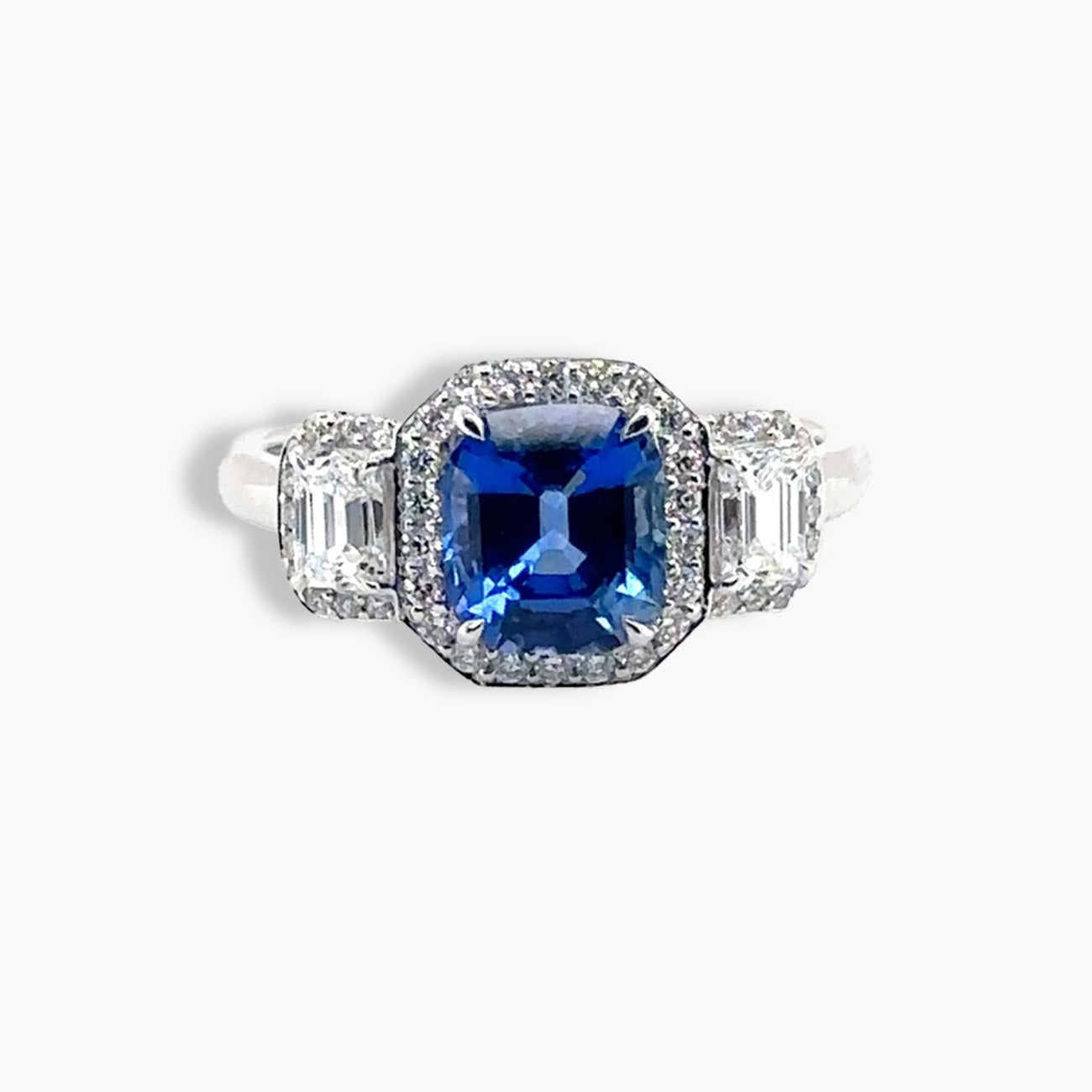 Private Label Blue Sapphire Cushion Three Stone Ring in 18K White Gold