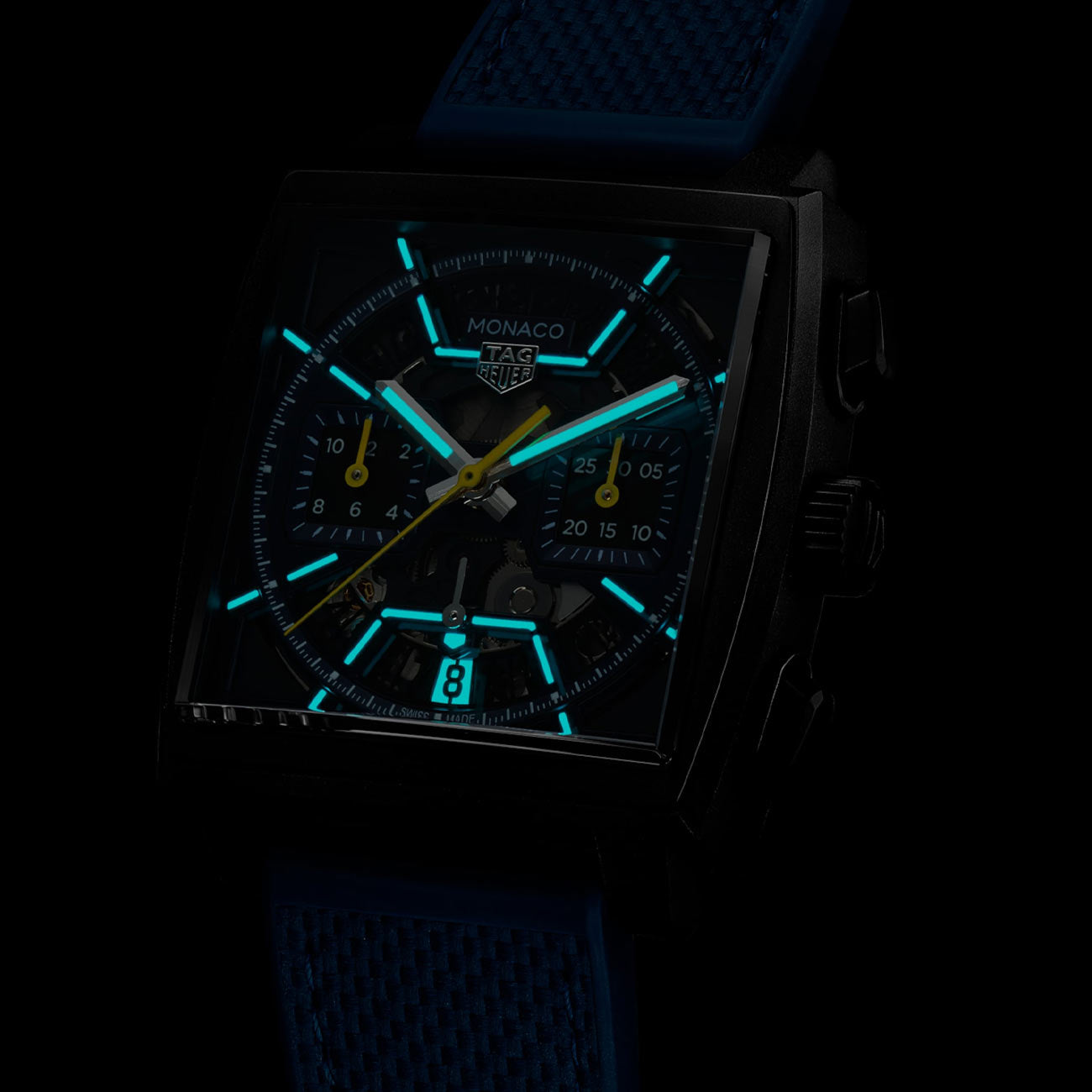 TAG Heuer Monaco Chronograph Black and Blue Dial Rubber Strap - 39mm
