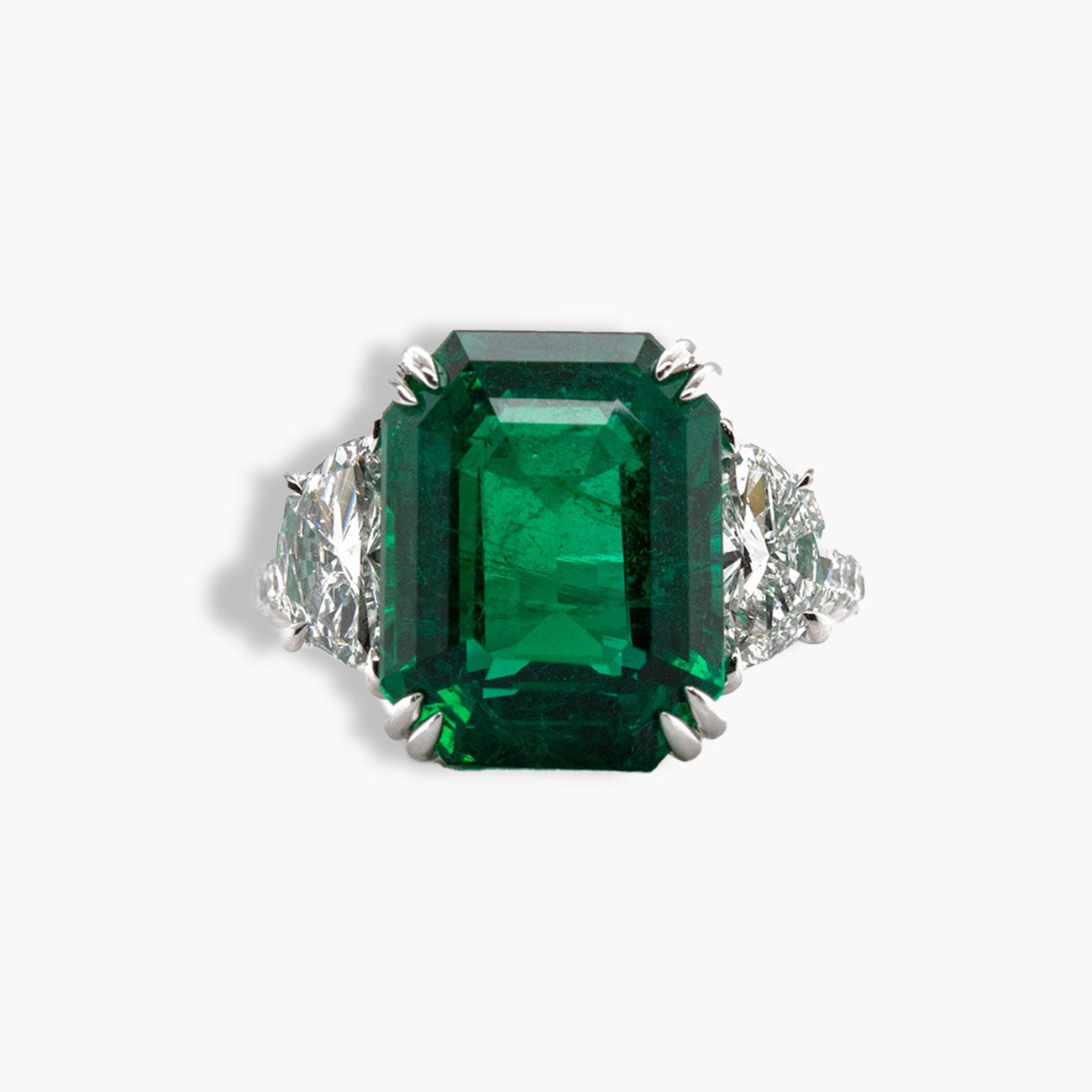 Private Label Emerald and Diamond Three Stone Ring in Platinum