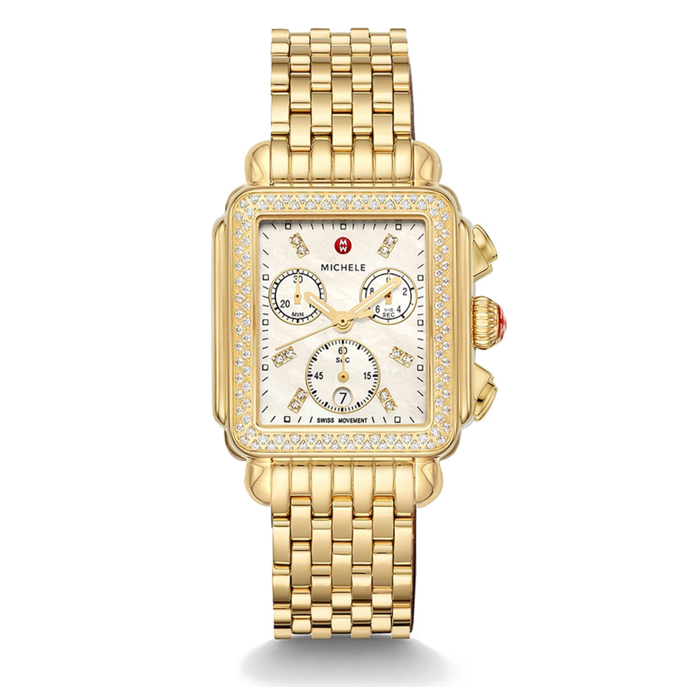 Michele Deco Watch Yellow Gold White Mother of Pearl and Diamond Dial