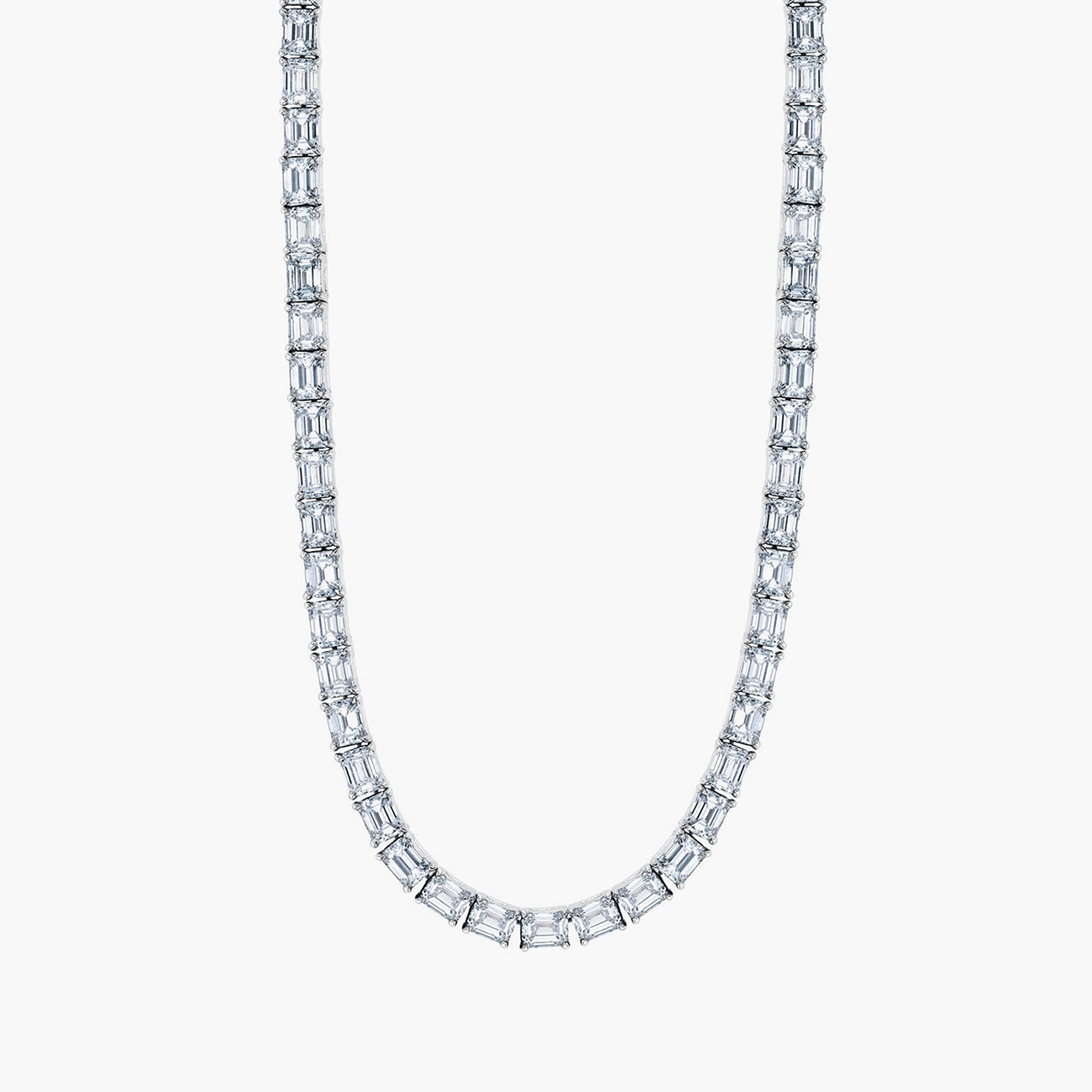 East-west emerald diamond tennis necklace in 18K white gold with 12.5ct diamonds, front view