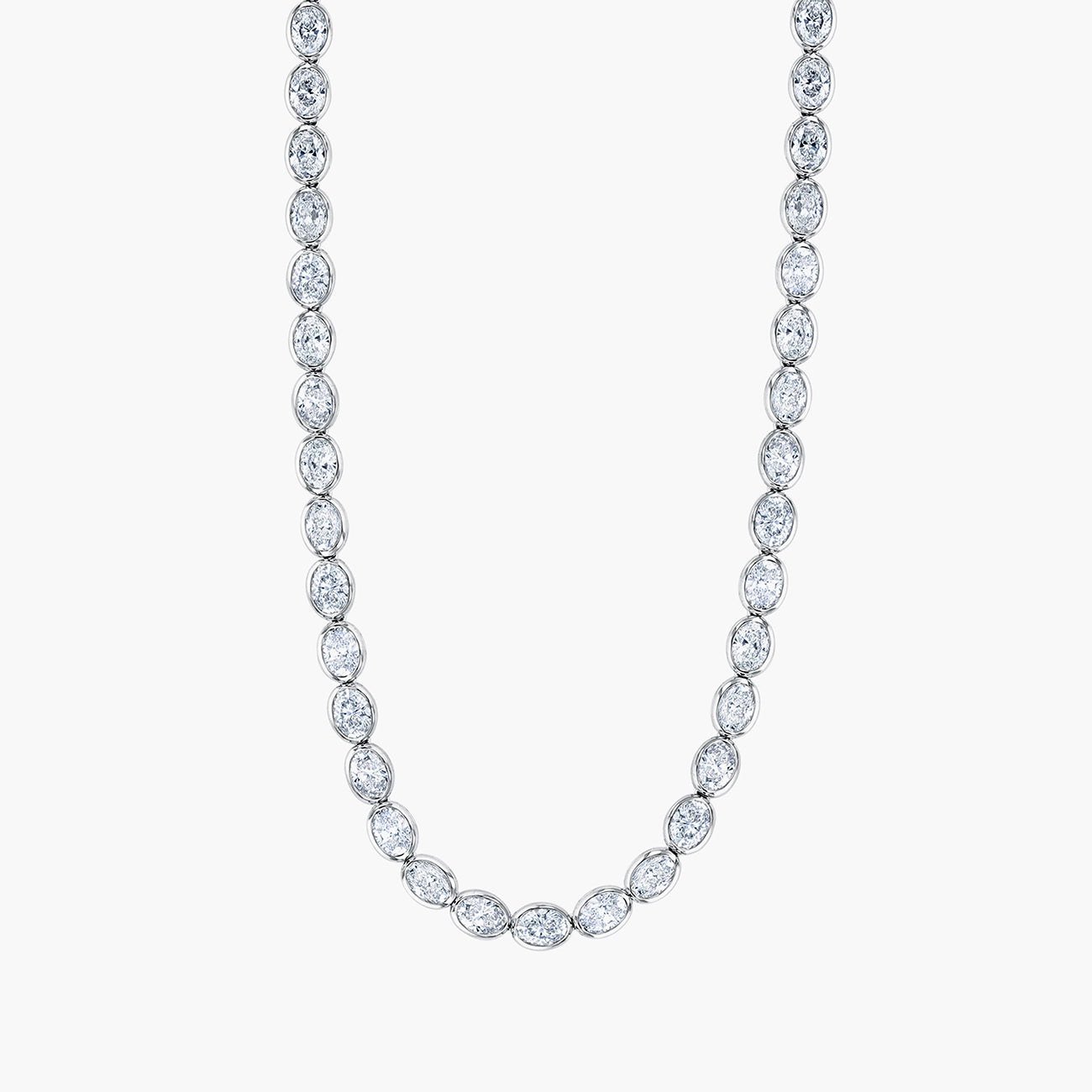 East-west oval diamond tennis necklace in 18K white gold, front view