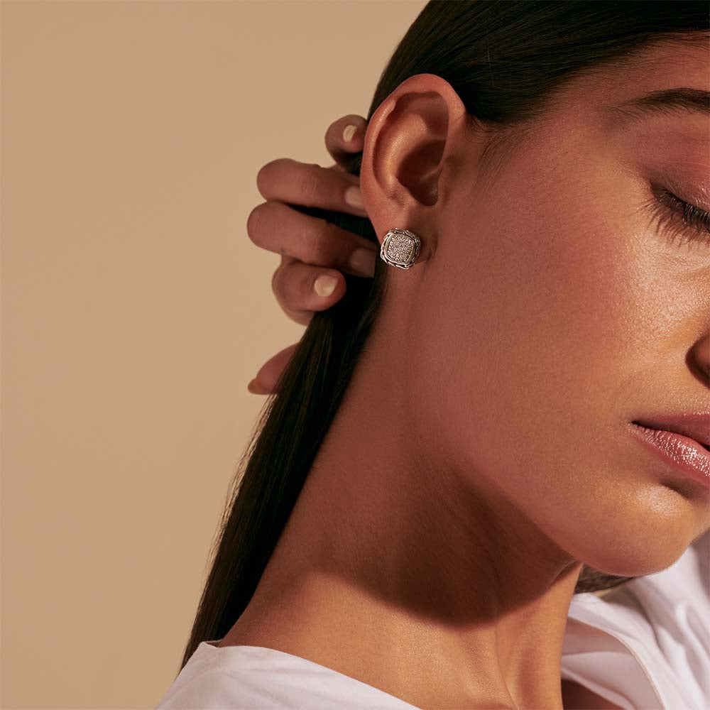 John Hardy Essentials Small Square Pave Diamond Silver Earrings