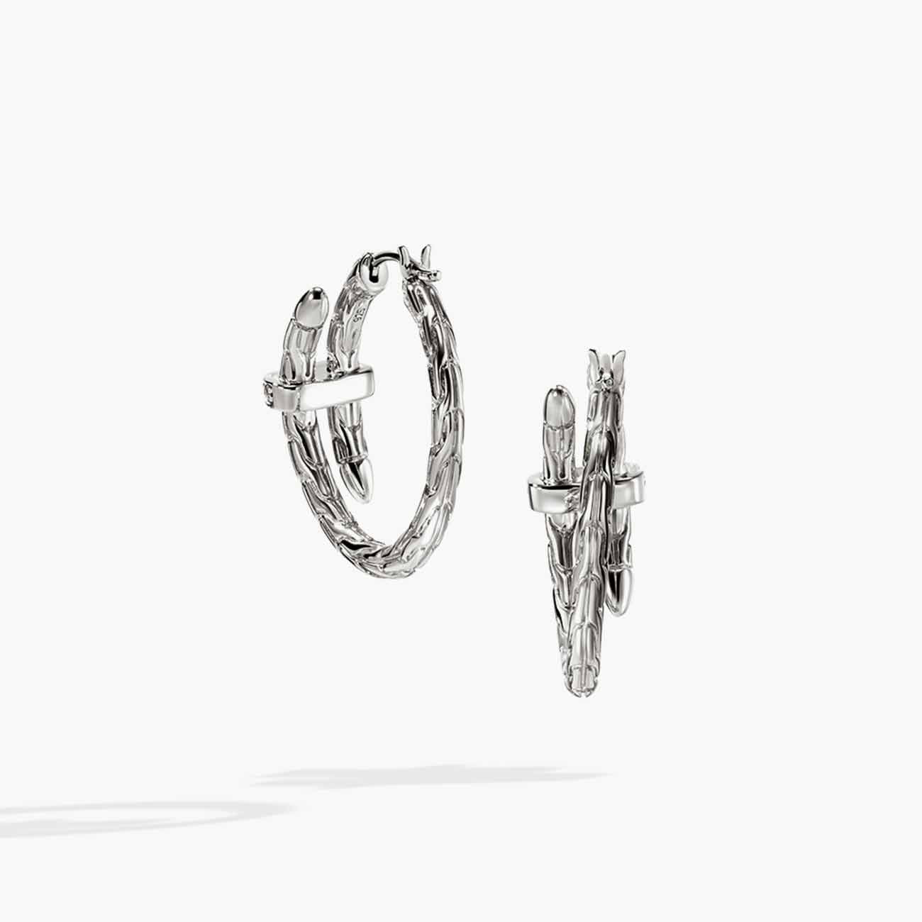 John Hardy Spear Pave Diamond Silver Small Hoop Earrings
