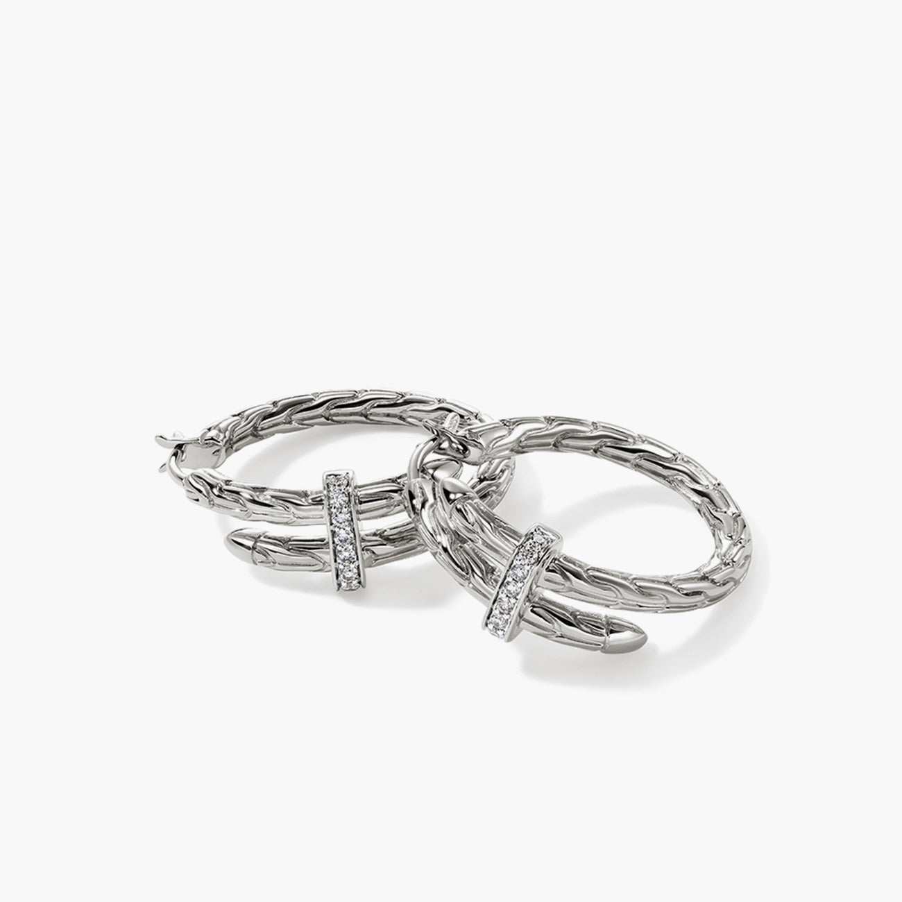 John Hardy Spear Pave Diamond Silver Small Hoop Earrings