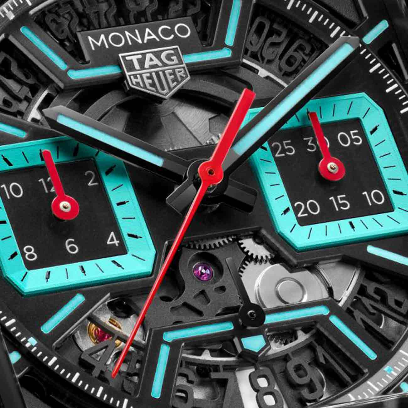 TAG Heuer Monaco Chronograph Heuer 02 Black and Turquoise Dial Rubber Strap - 39mm