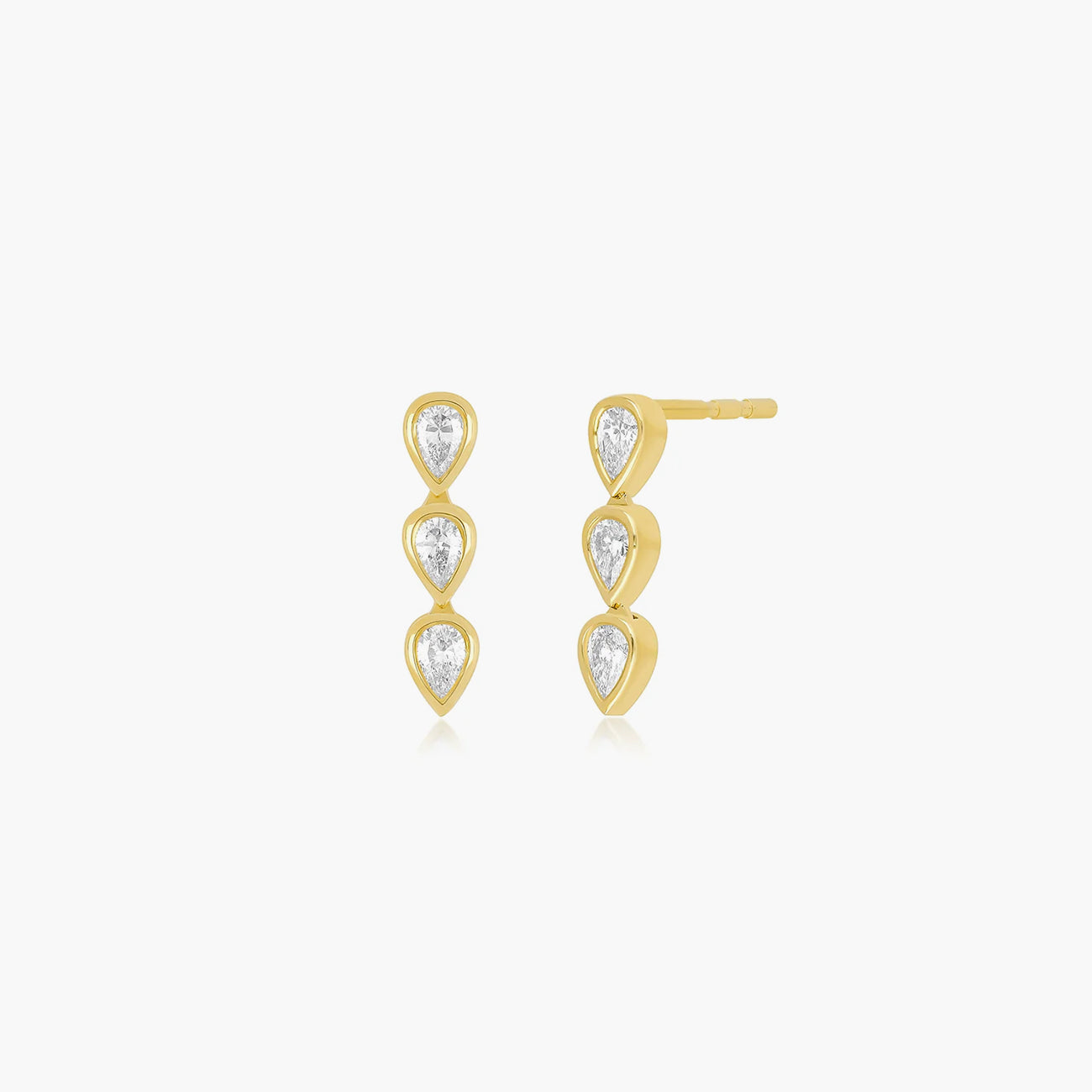 EF Collection Bezel Set Triple Diamond Pear Stud Earrings in Yellow Gold