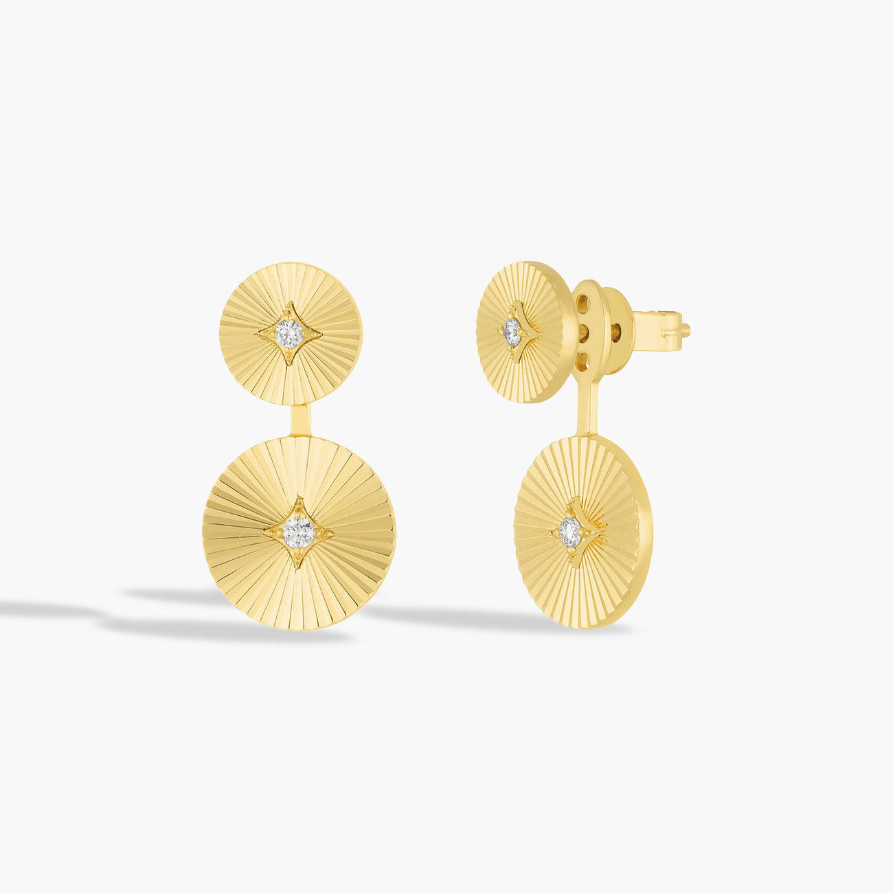 EF Collection Double Gold and Diamond Fluted Disc Stud Earrings