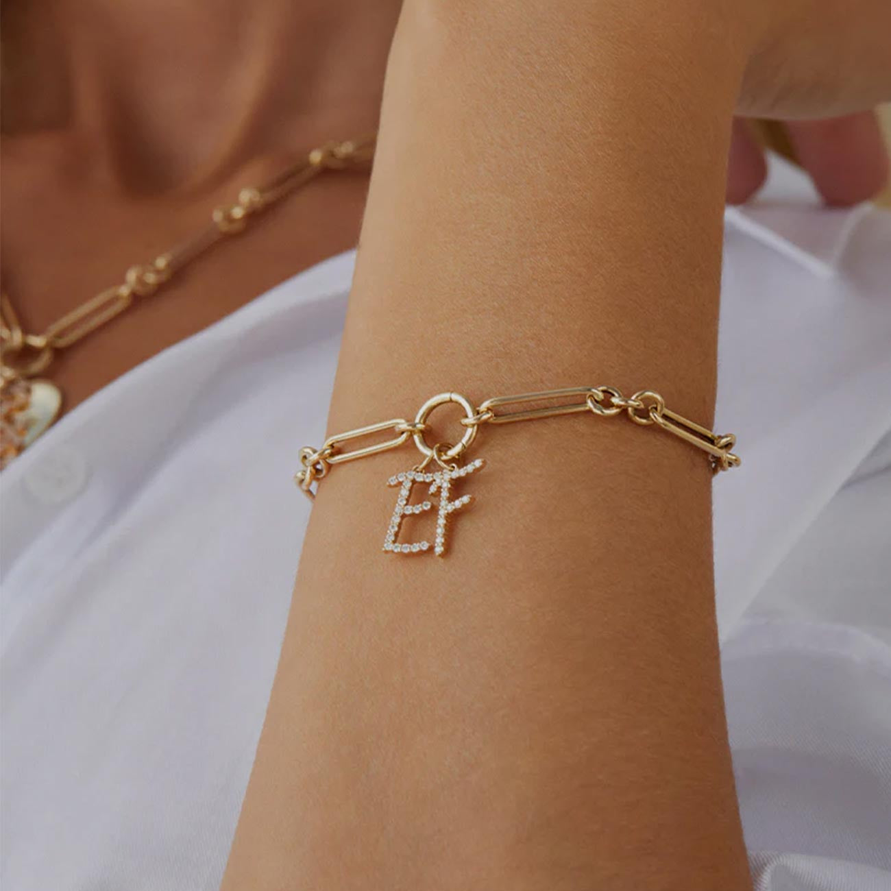 EF Collection Mixed Chain Jumbo Script Initial Bracelet in 14K Yellow Gold