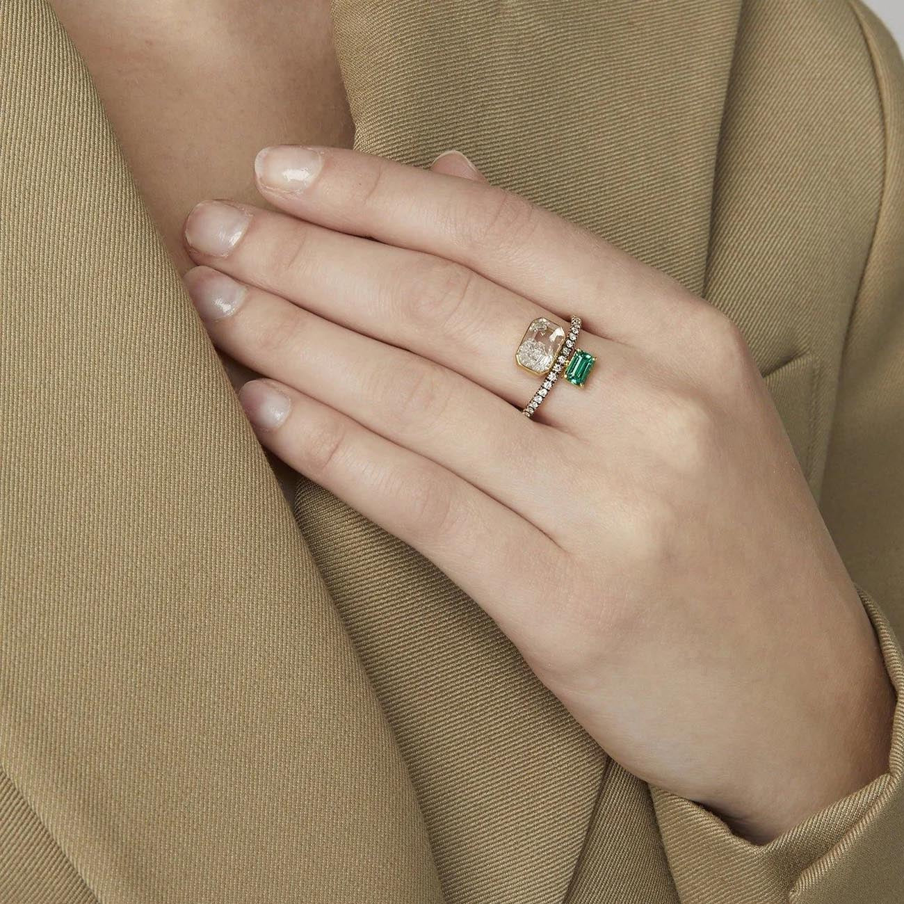 Moritz Glik Green Emerald and Diamond Shaker Ring