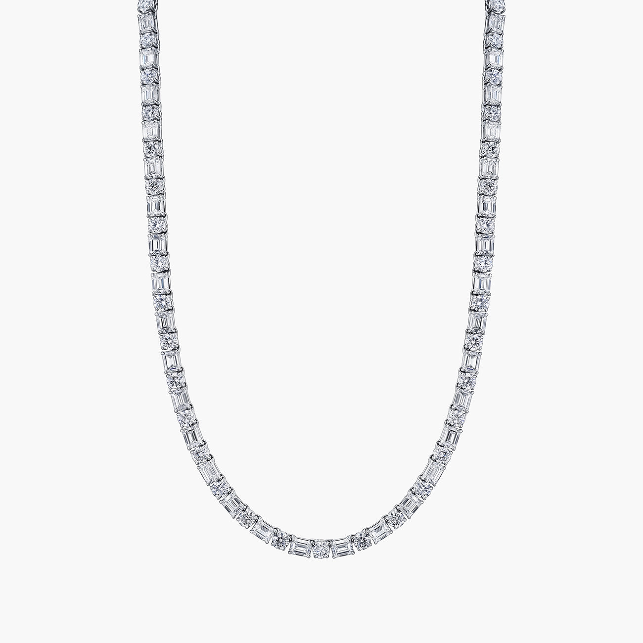 Emerald and round diamond tennis necklace in platinum with 23.55ct diamonds, front view