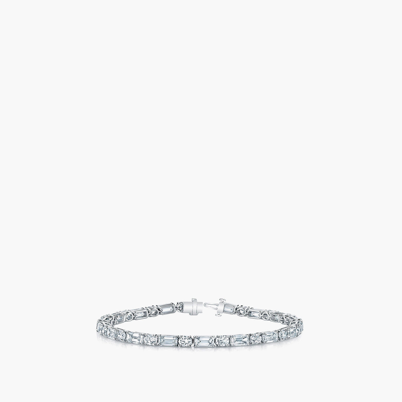 Emerald-cut and round diamond tennis bracelet in 18K white gold, front view
