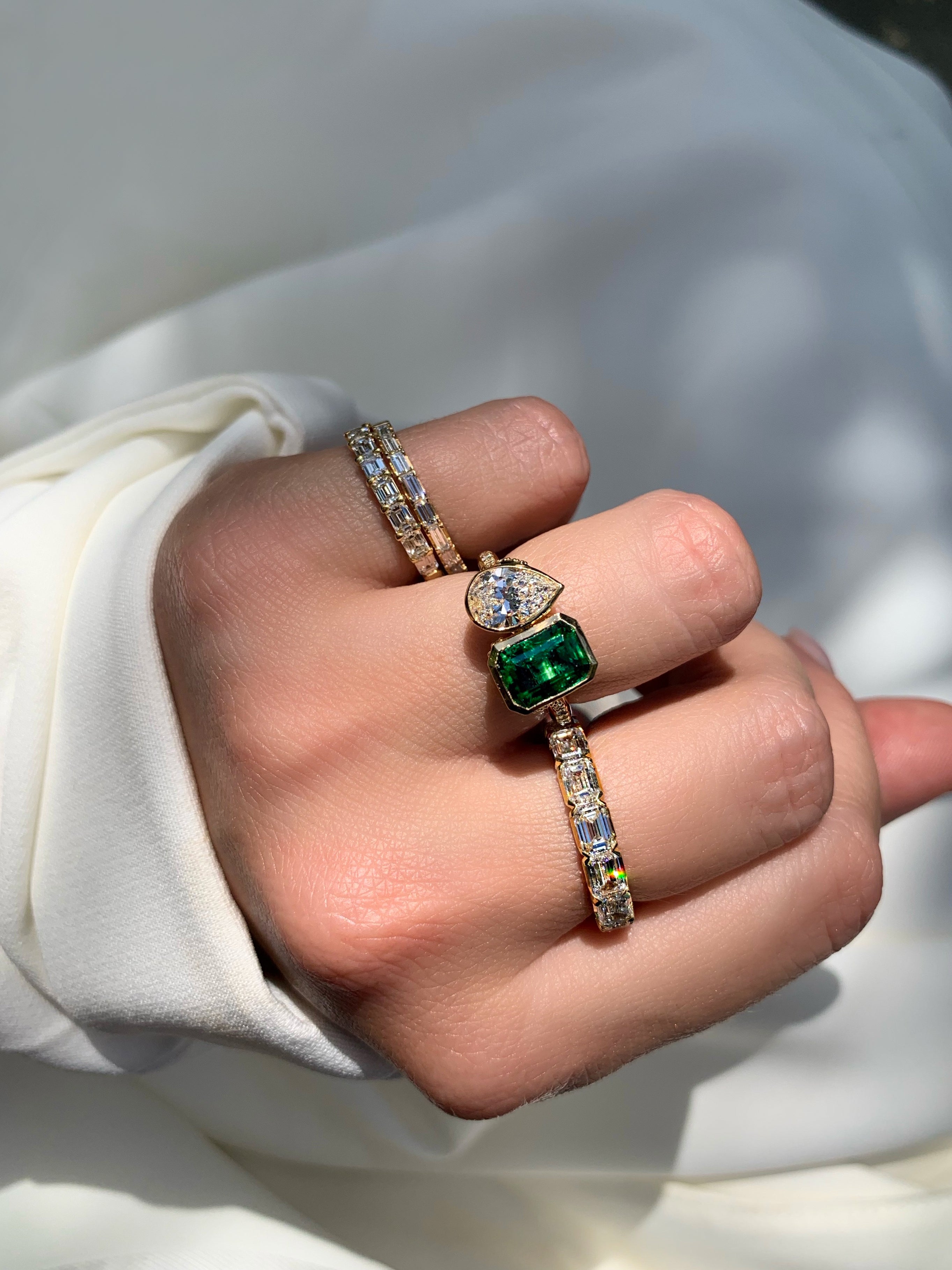 Robert Pelliccia Emerald and Pear Shaped Diamond Toi et Moi Ring