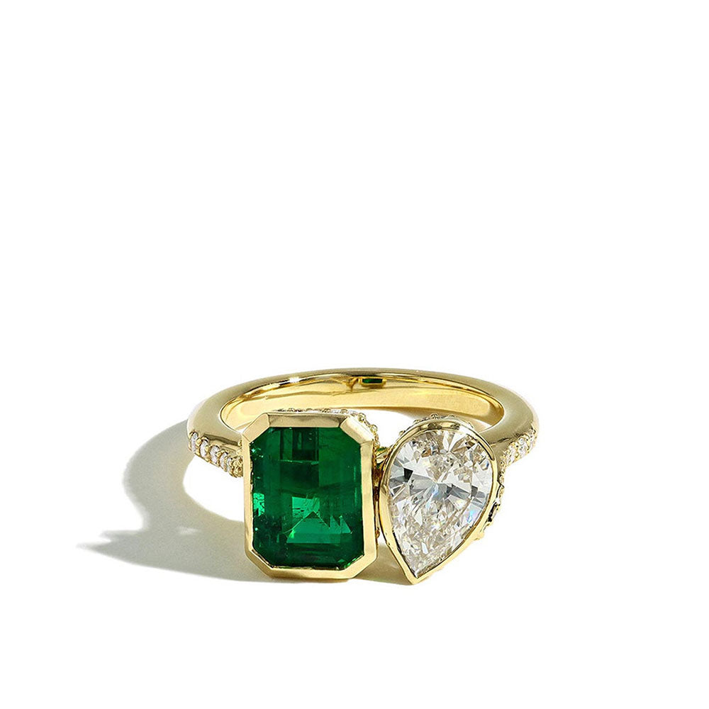 Robert Pelliccia Emerald and Pear Shaped Diamond Toi et Moi Ring