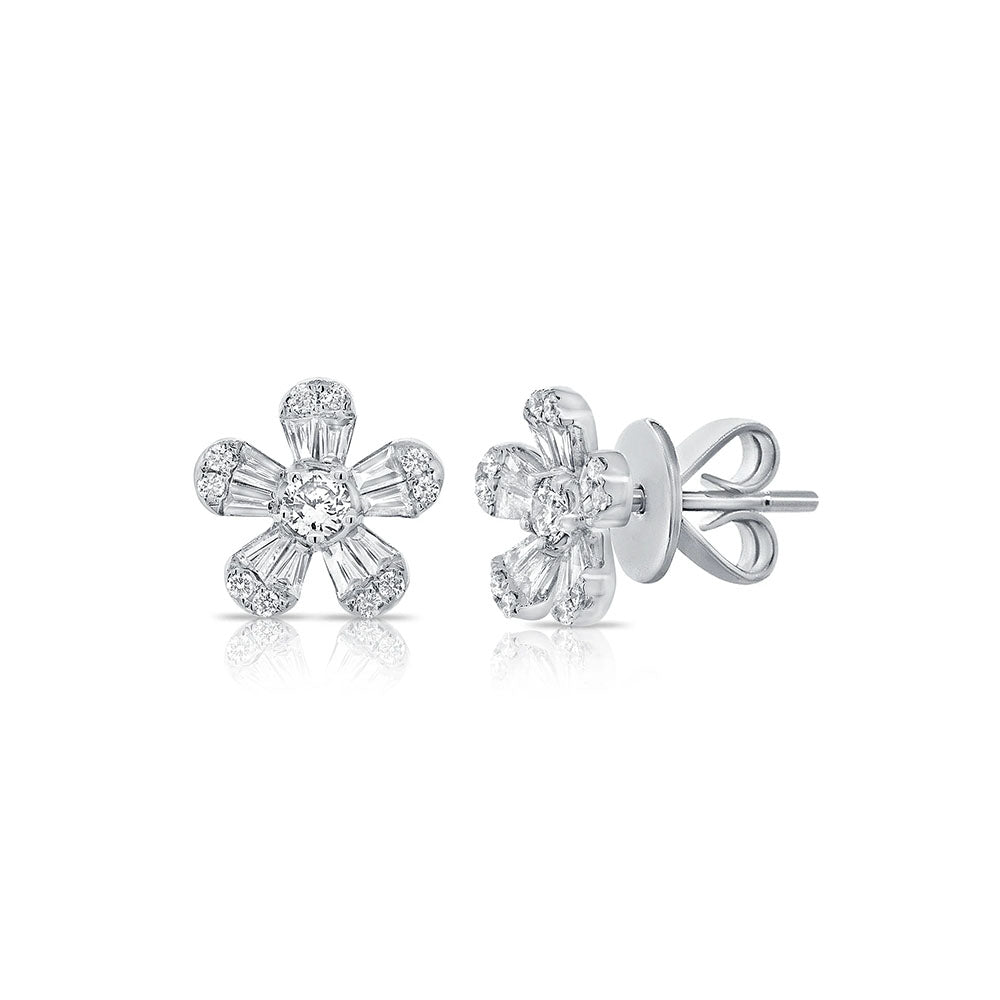 14k Gold Baguette Flower Stud Earrings
