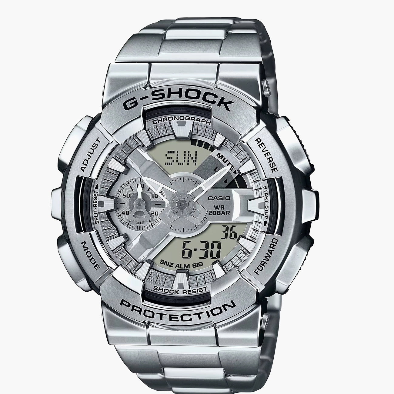 G-Shock analog-digital watch with steel bezel and silver dial, front view